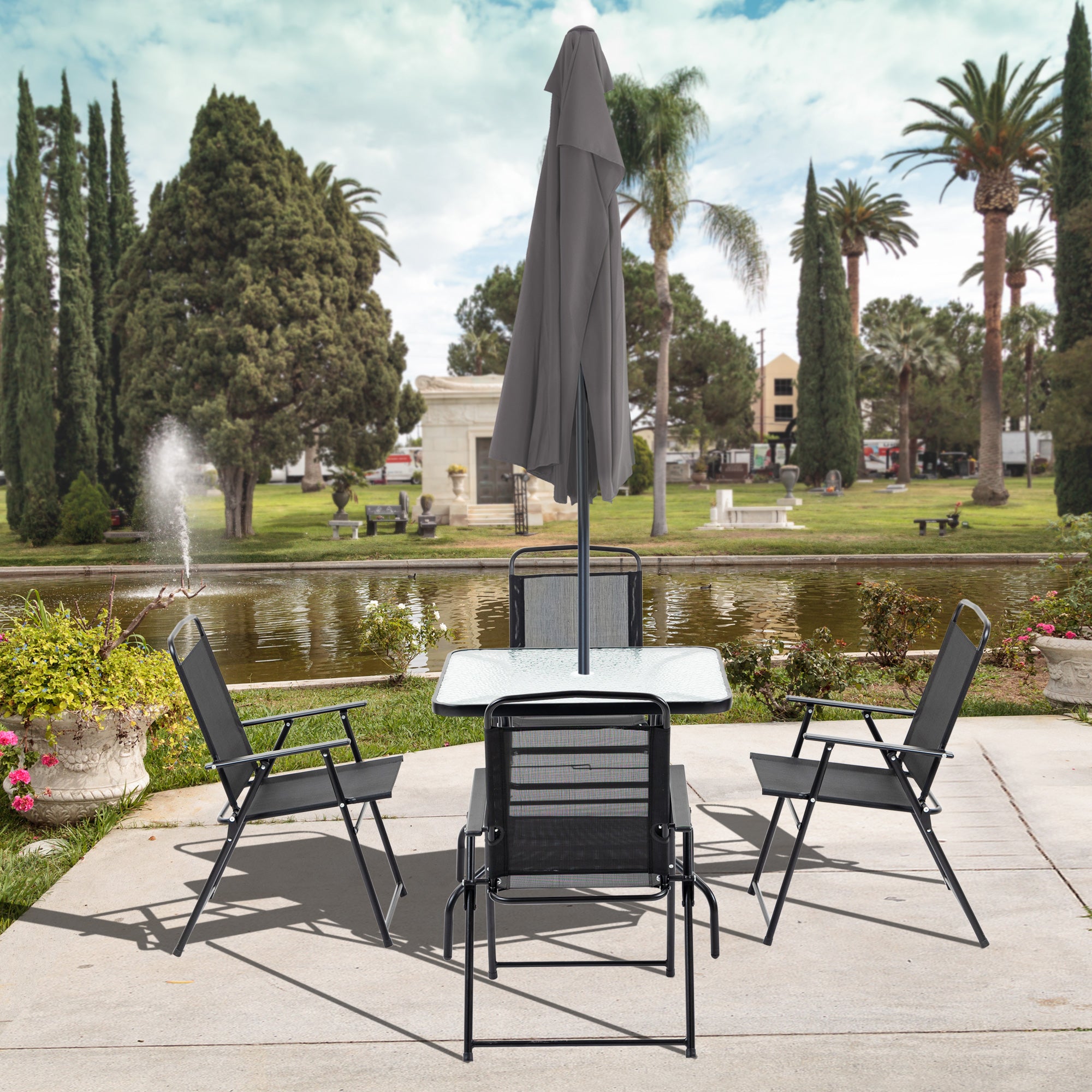 5 Pieces Patio Table and Chairs, Outdoor Dining Set with 4 Folding Chairs, Glass Tabletop and Parasol Hole, Black Outdoor Dining Sets at Gallery Canada