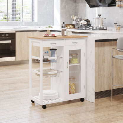 34" Rolling Wood Kitchen Trolley Serving Cart with Drawer and Cabinet Wheeled Kitchen Storage Island White with Bamboo Top Kitchen Islands & Kitchen Carts   at Gallery Canada