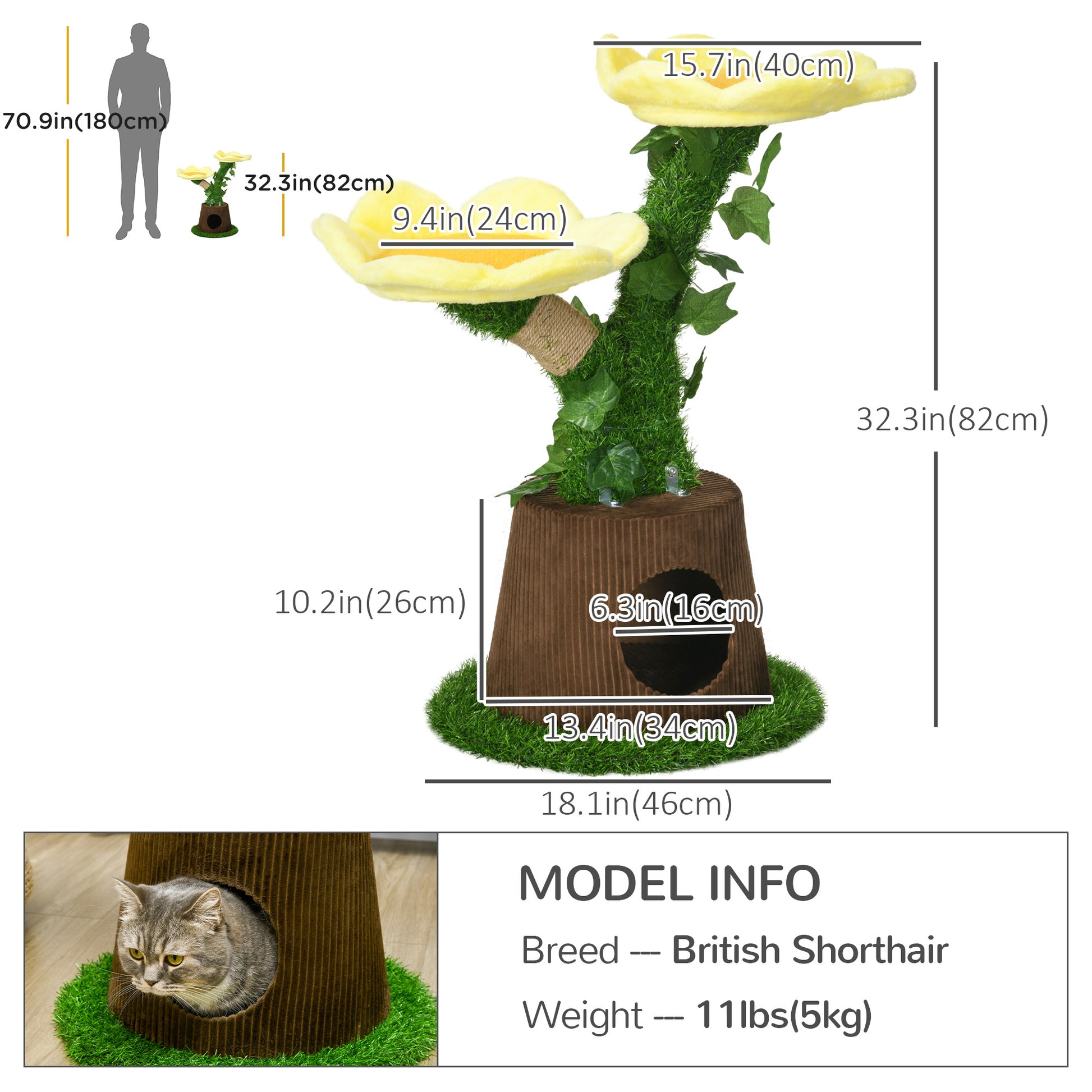 18" Plush Cat Tree with Two Flower Platforms, Multi-Activity Centre Cat Tower with Jute Scratching Posts, Elevated Perches, Round Roomy Condo with Door, Green Cat Towers at Gallery Canada