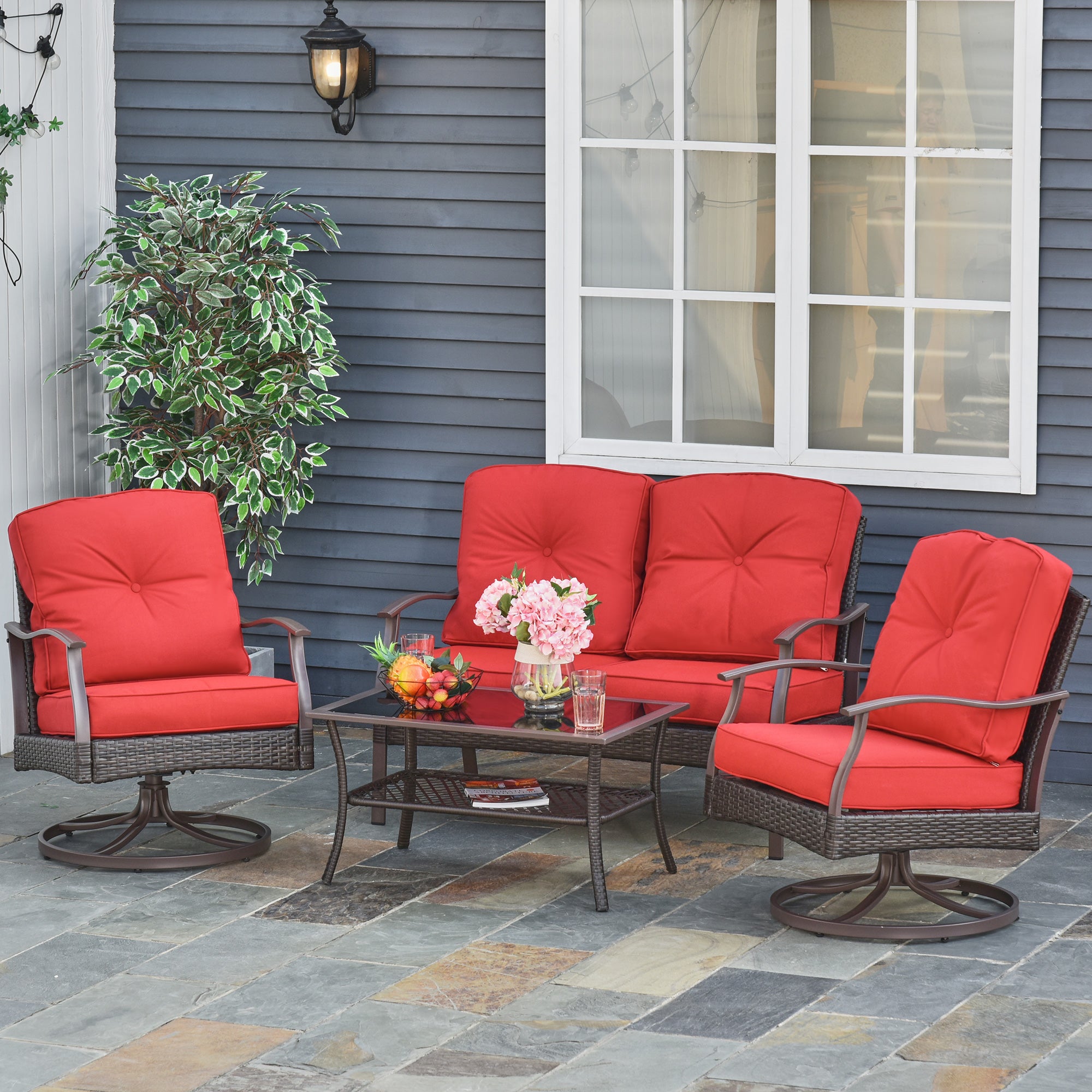 4 PCS Patio PE Rattan Wicker Sofa Set Outdoor Conversation Furniture w/ Two Tier Tea Table &; Cushions, Red Patio Furniture Sets at Gallery Canada
