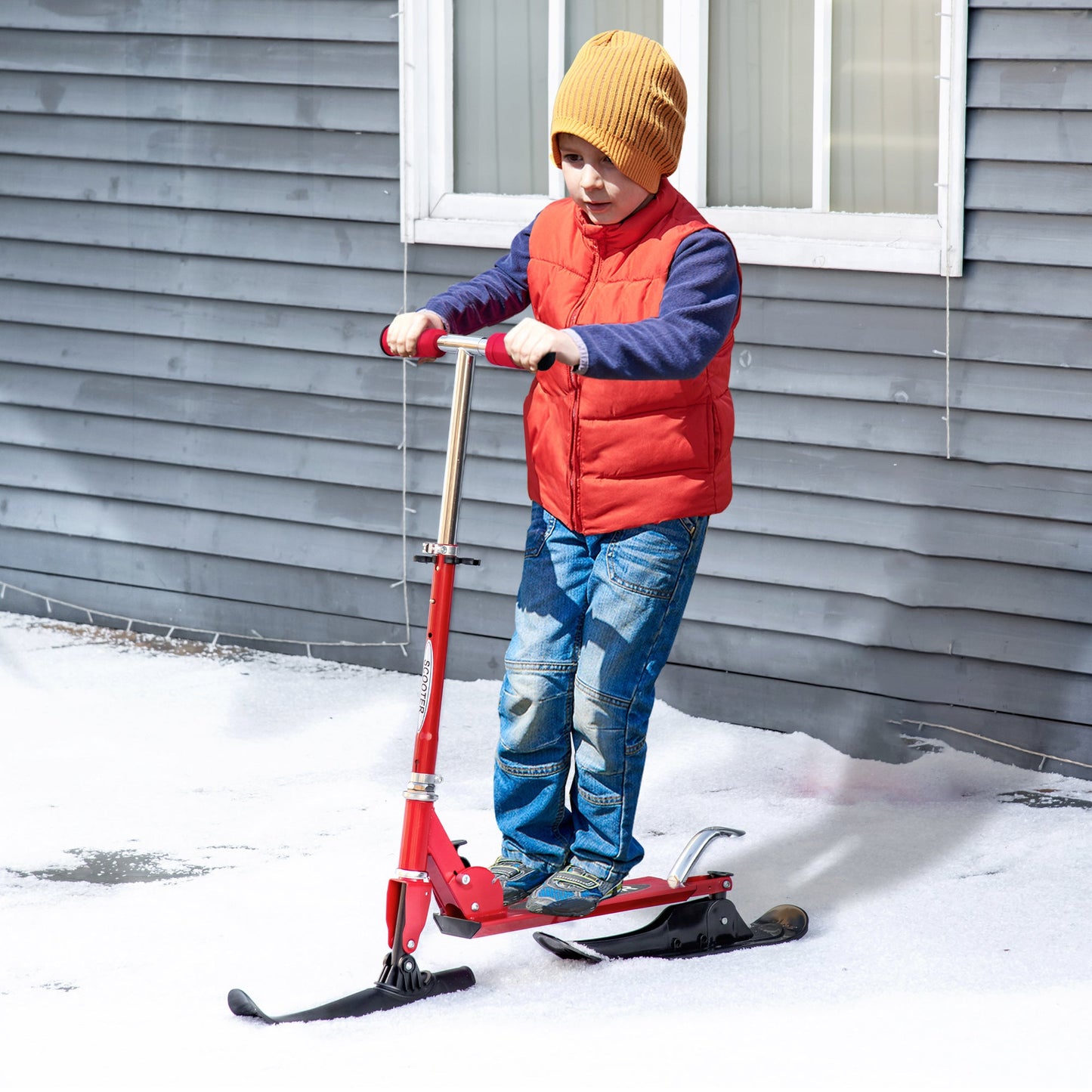 Snow Scooter, 2 in 1 Design Adjustable Height Scooter Snow Sled for Kids Aged Over 7 Years Old, Kids Sled Ski Scooter with Wheels Blades, Red Scooters   at Gallery Canada