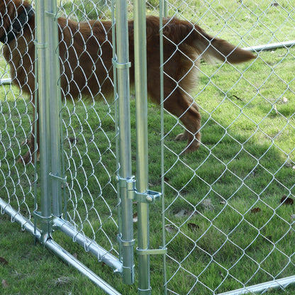 Dog Kennel Outdoor Run Fence with Roof, Steel Lock, Mesh Sidewalls for Backyard &; Patio, 9.8' x 9.8' x 7.7' Houses, Kennels & Pens   at Gallery Canada