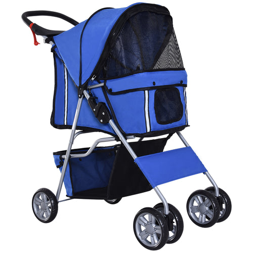 4 Wheel Dog Pet Stroller Dog Cat Carrier Folding Sunshade Canopy with Brake, Blue