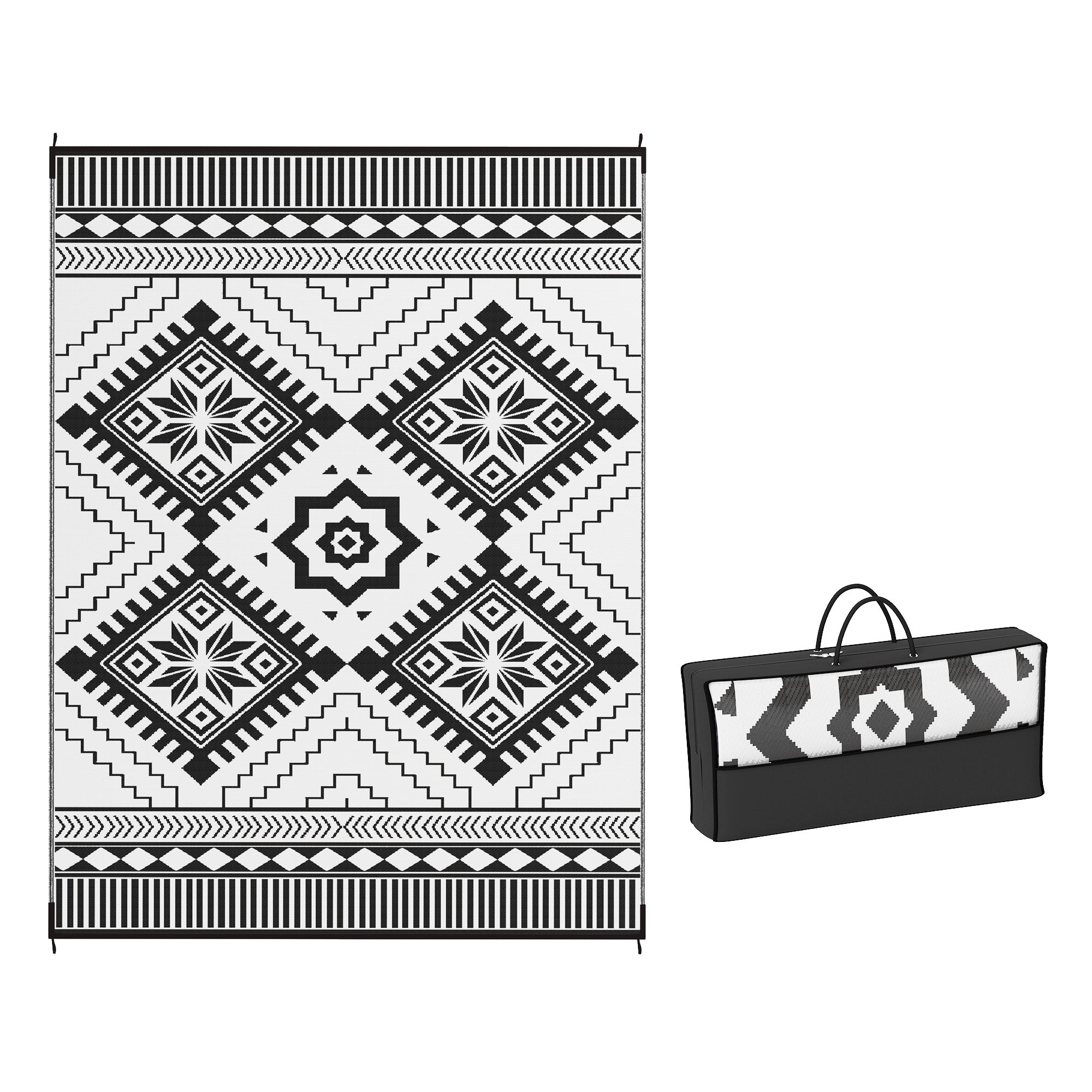 9' x 12' Outdoor RV Rug, Reversible Patio Floor Mat with Carry Bag, Toothed Rhombus, White and Black Garden Decor at Gallery Canada