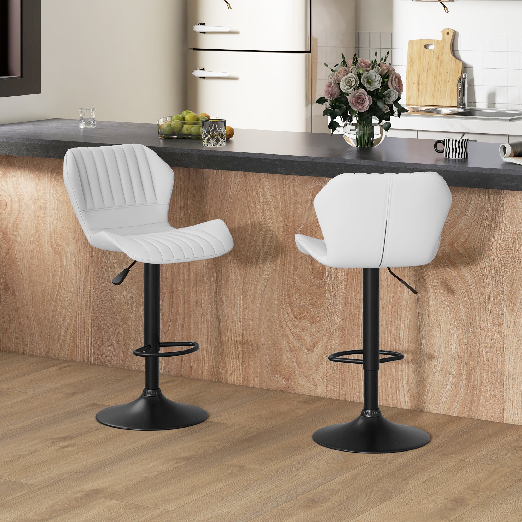 Shell Back Bar Stool Set of 2, PU Leather Adjustable Swivel Barstools with Chrome Base and Footrest for Kitchen Counter, Pub, White Bar Stools White  at Gallery Canada