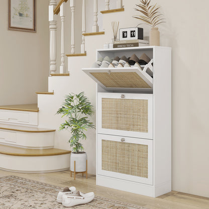 Rattan Shoe Storage Cabinet with 3 Flip Drawers and Adjustable Shelves, Entryway Shoe Cabinet for 18 Pairs, White Shoe Storage Cabinets & Racks Natural and White  at Gallery Canada