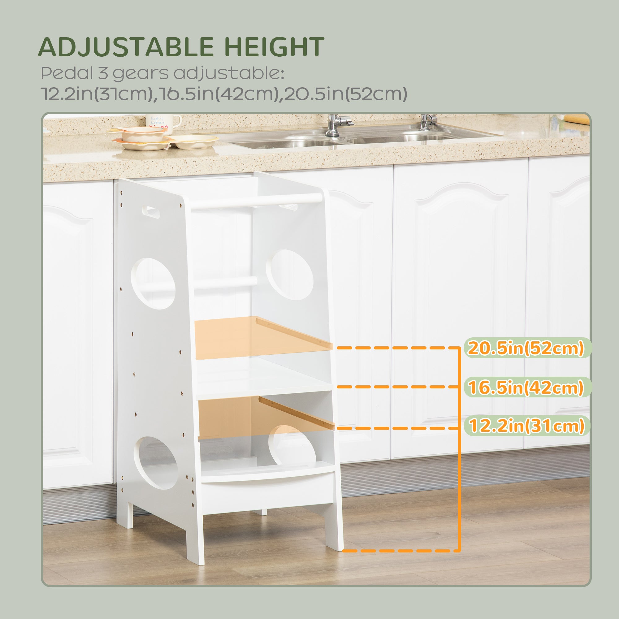 Toddler Tower Kitchen Helper with 3-Level Adjustable Height, Heavy-Duty Kids Step Stool with Safety Rail, White Toddler & Kids Step Stools at Gallery Canada