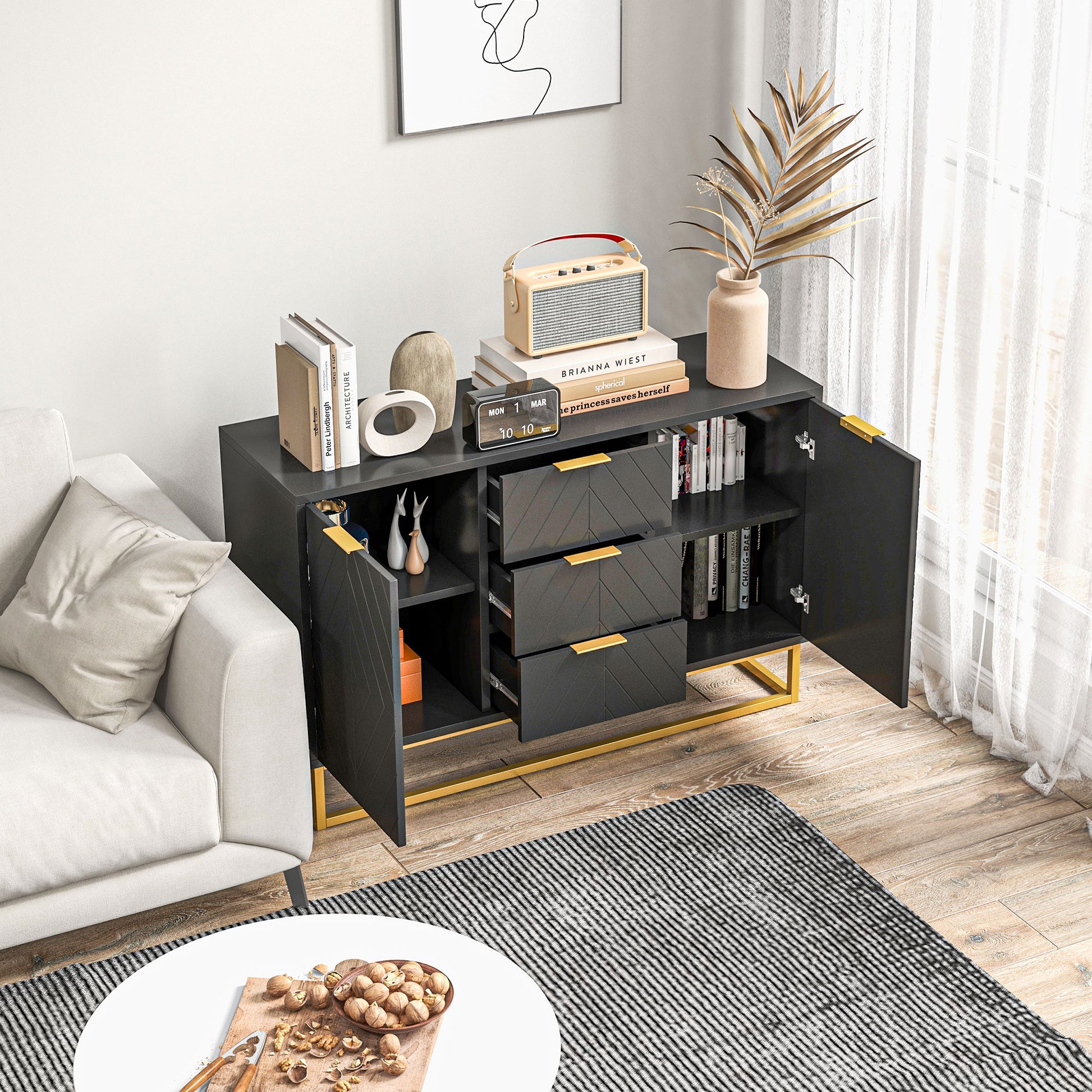 Sideboard Storage Cabinet with 3 Drawers, Adjustable Shelves and Doors, Kitchen Buffet Cabinet for Dining Room, Black Kitchen Pantry Cabinets   at Gallery Canada