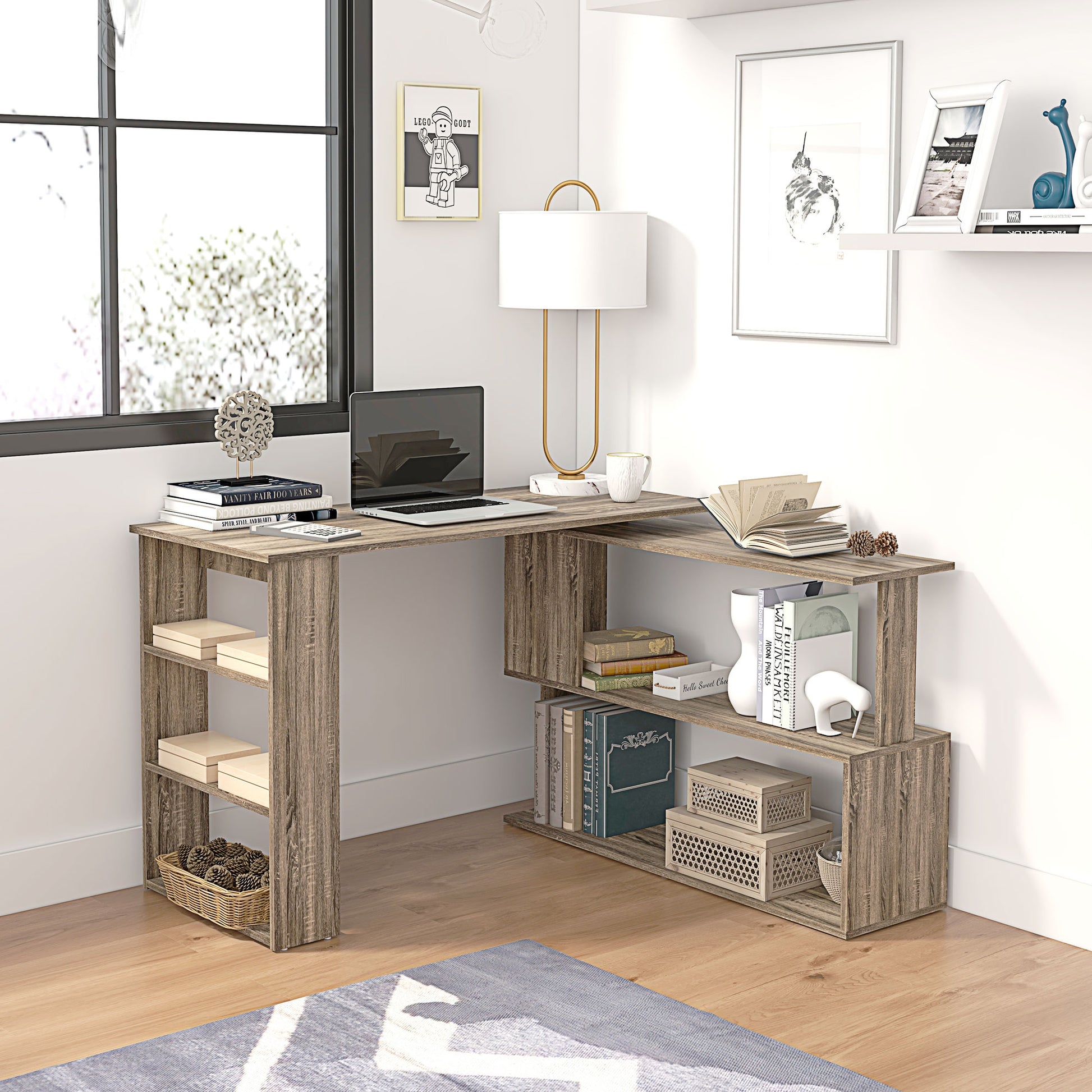 360° Rotating L Shaped Desk, Corner Computer Desk with Storage Shelves for Home Office, Grey Writing Desks Grey  at Gallery Canada