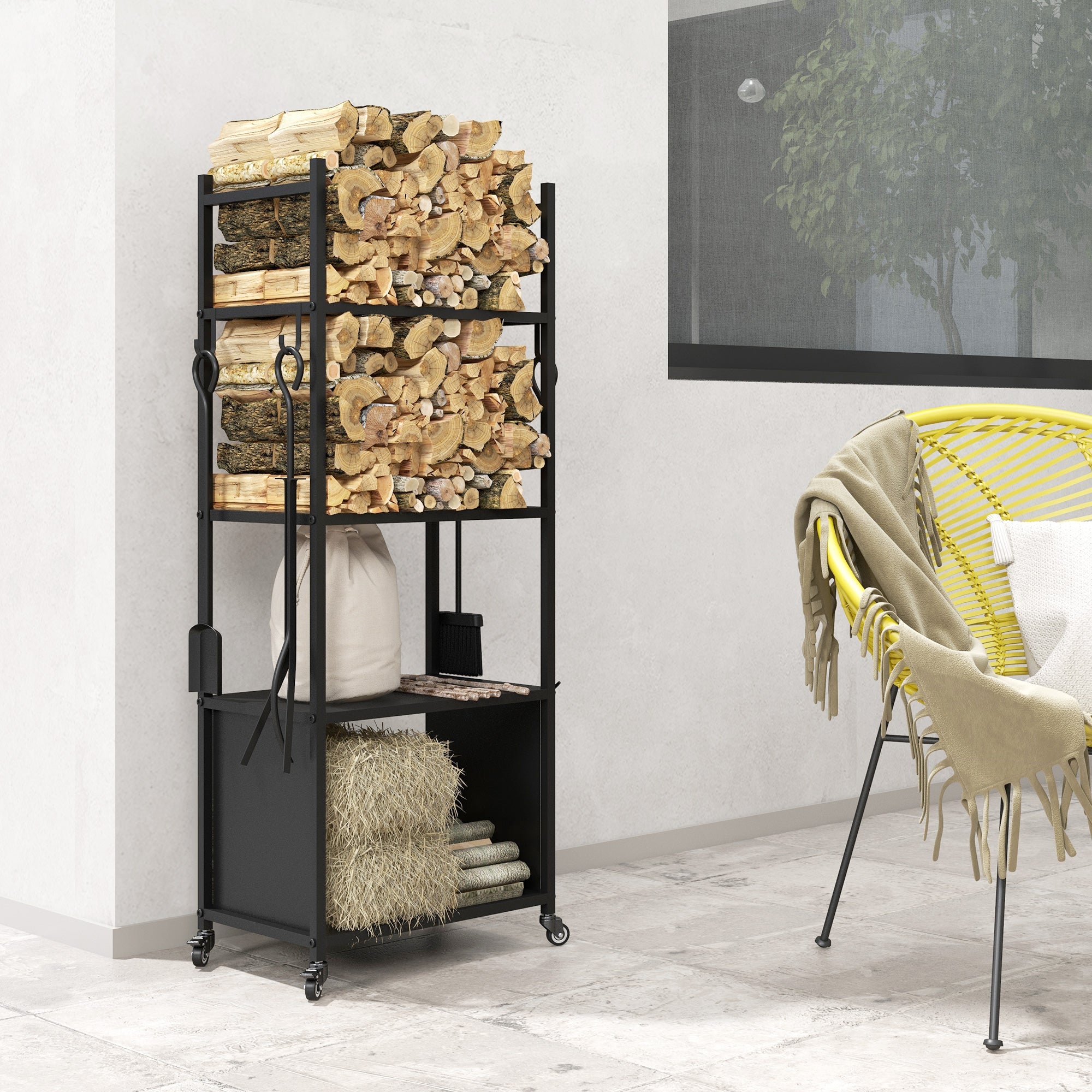 4-Tier Outdoor Indoor Firewood Rack with Wheels and 4 Tools, Powder-Coated Steel Wood Storage Rack Log Holder Firewood Racks   at Gallery Canada