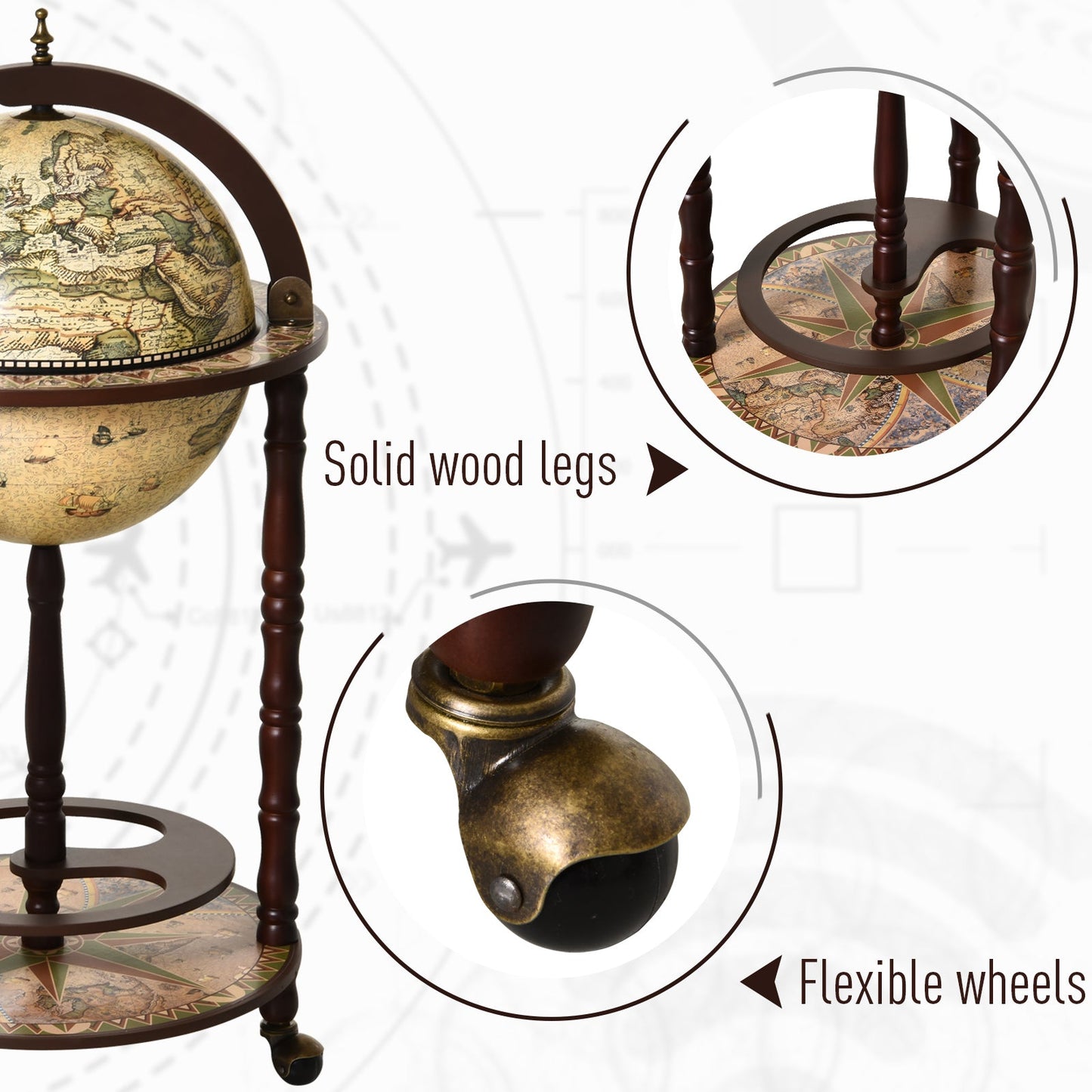 Rolling 18" Globe Wine Bar Stand Wine Cabinet Bottle Shelf Holder Wine Host Trolley with Wheels, Beige Wine Racks   at Gallery Canada