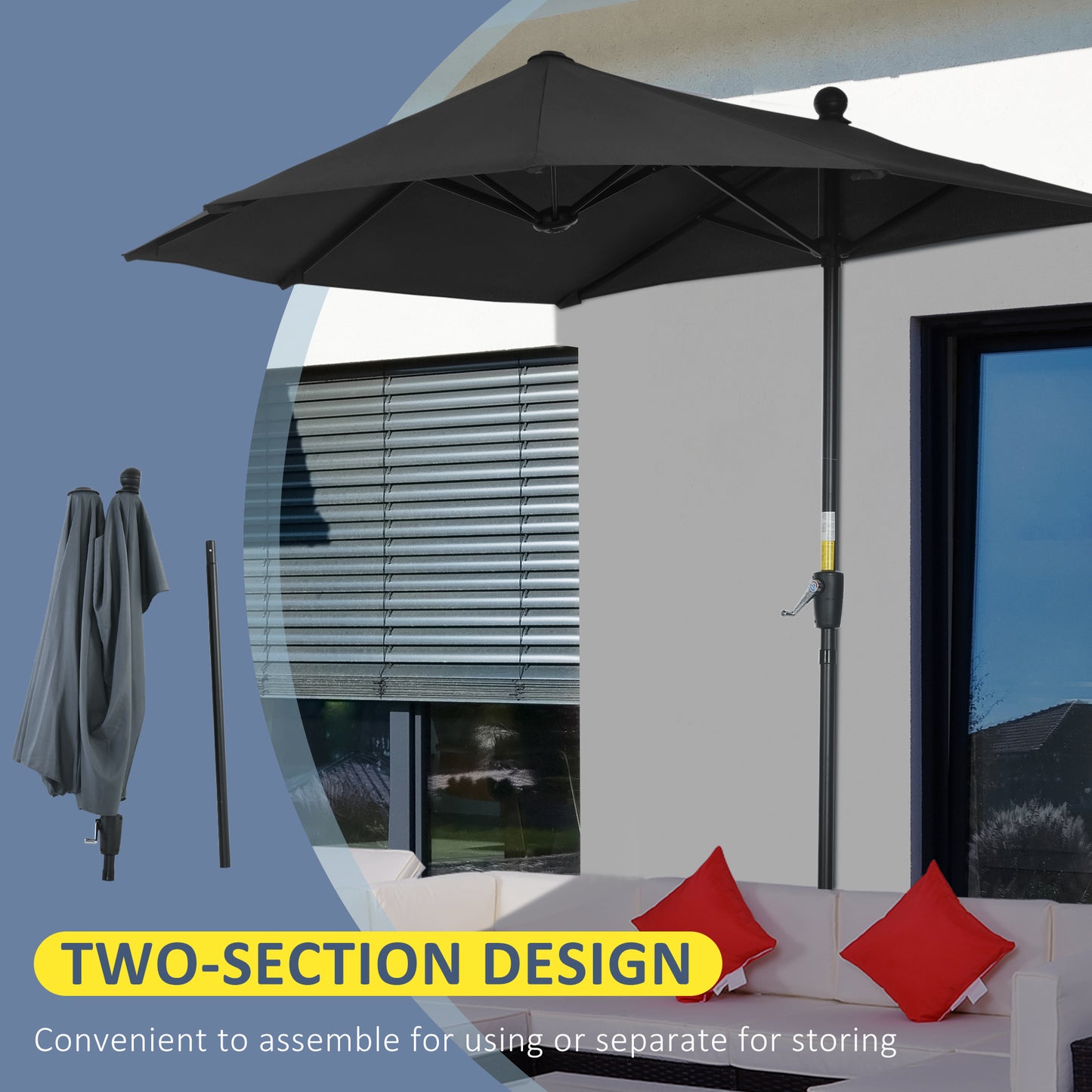 6.6 x 6ft Half Patio Umbrella Outdoor Parasol with Double-Sided Canopy, Crank Handle, Base for Garden, Balcony, Black Patio Umbrellas   at Gallery Canada