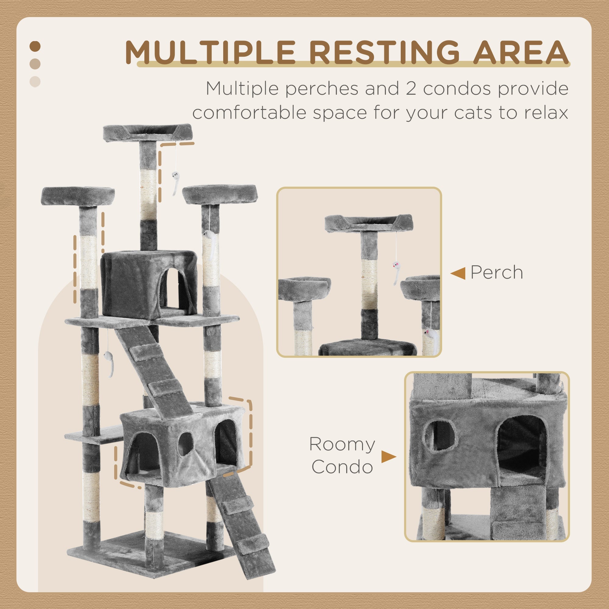 67-inch Multi-Level Cat Scratching Tree Kitty Activity Center Post Tower Condo Pet Furniture w/ Toy Grey Cat Towers   at Gallery Canada