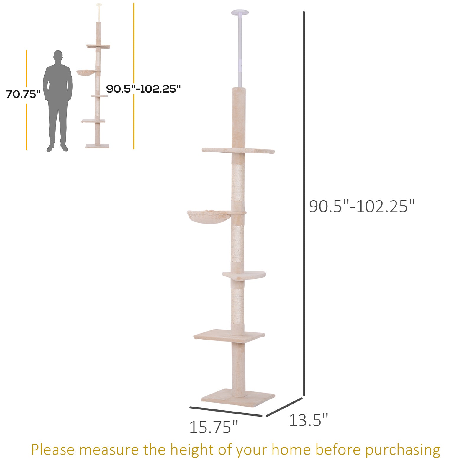 8.5ft Cat Climbing Tree 5-Tier Kitty Activity Center with Scratching Post Beige Floor to Ceiling Cat Trees   at Gallery Canada