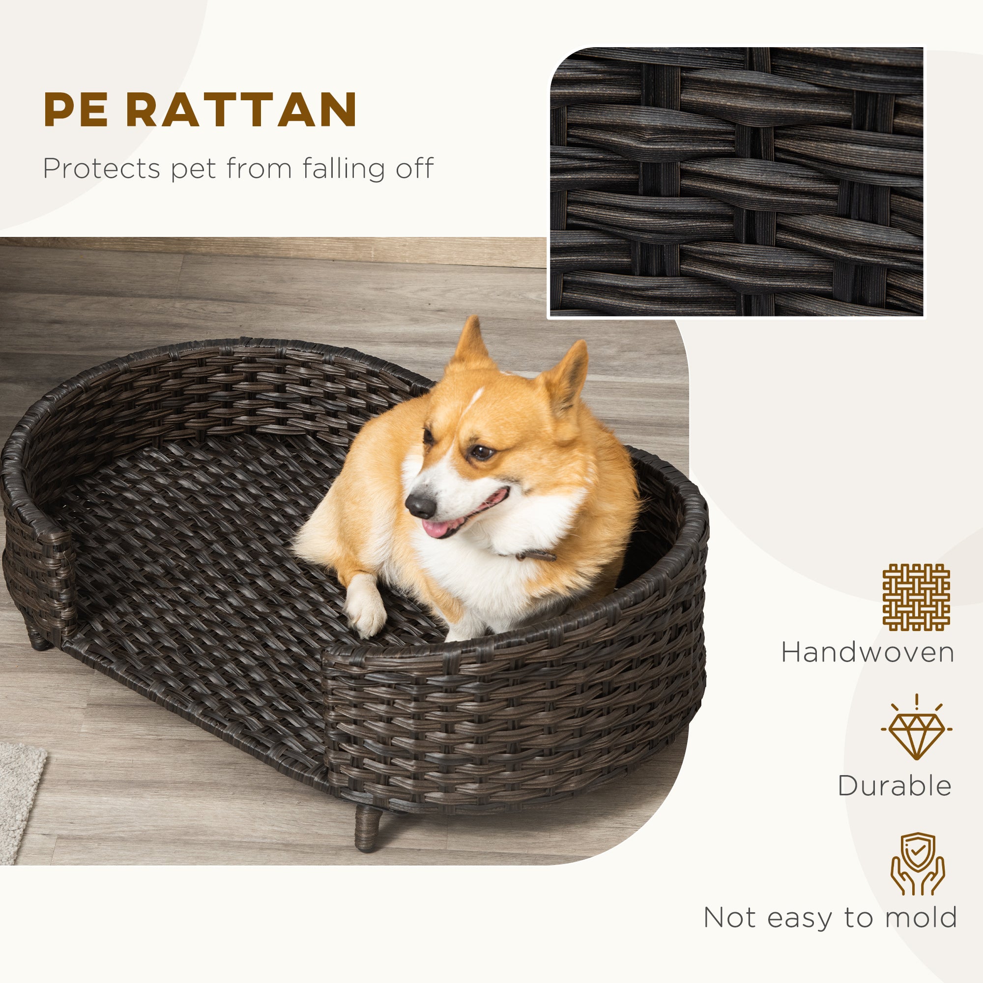 Raised Ratten Dog Bed Sofa, Elevated Wicker Cat Couch Bed with Removable Soft Cushion Washable Cover, for Small &; Medium Dogs, Charcoal Grey Dog Sofas at Gallery Canada