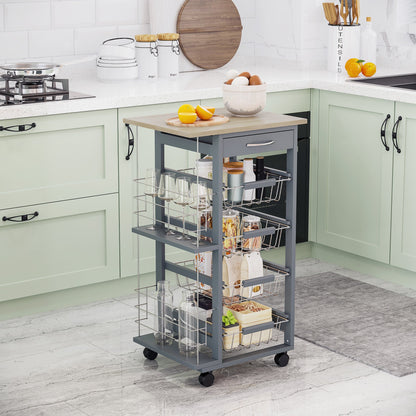 Rolling Kitchen Cart, Utility Storage Cart with 4 Baskets, Drawer, Side Racks, Wheels for Dining Room, Dark Grey Kitchen Islands & Kitchen Carts   at Gallery Canada