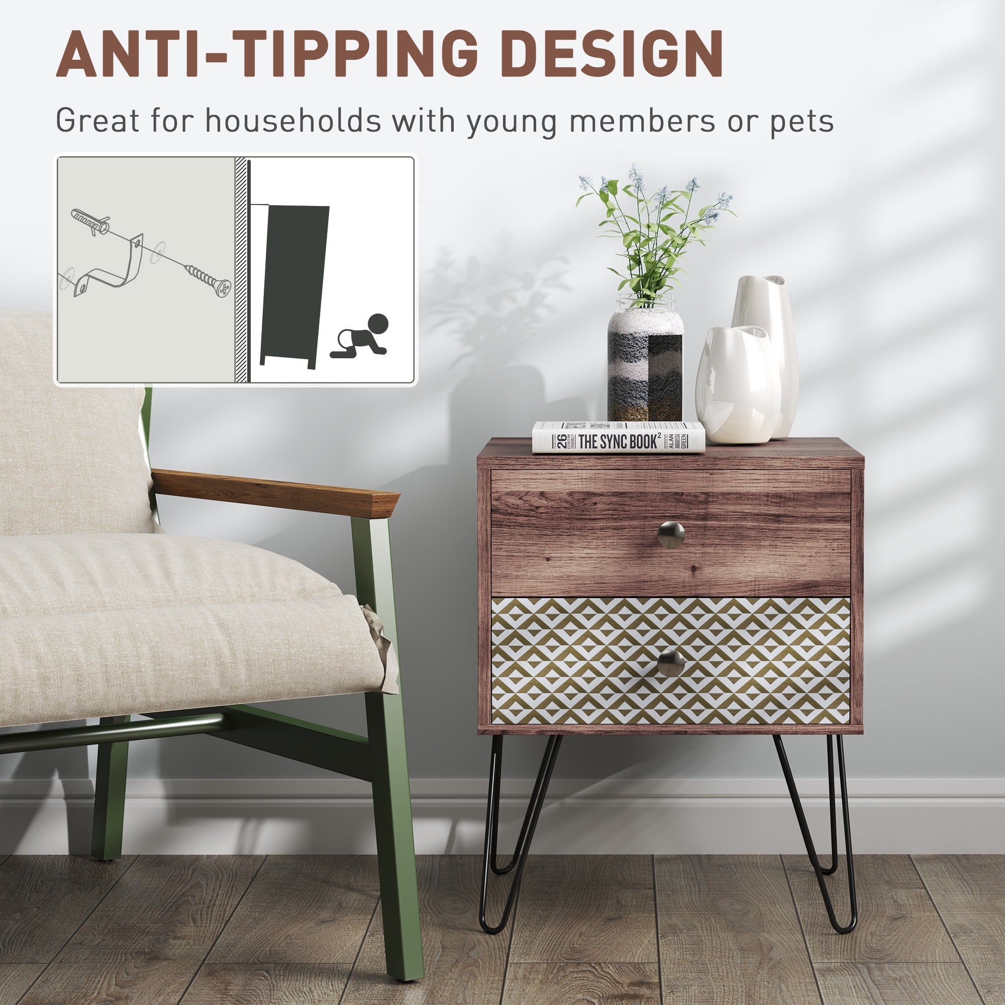 Side Table with Drawers, Nightstand, Bedside Table, Sofa End Table, for Bedroom, Brown Bedside Tables at Gallery Canada