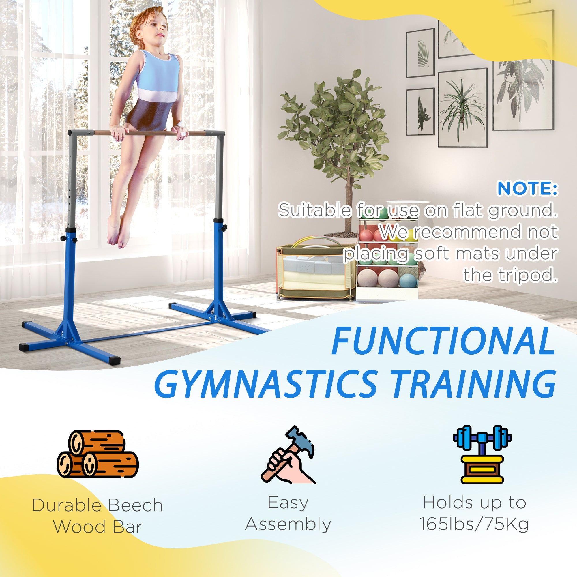 Professional Gymnastics Bar for Kids, Toddler Home Gymnastics Equipment with 13-level Adjustable Height, Blue Baby Gym & Playmats at Gallery Canada