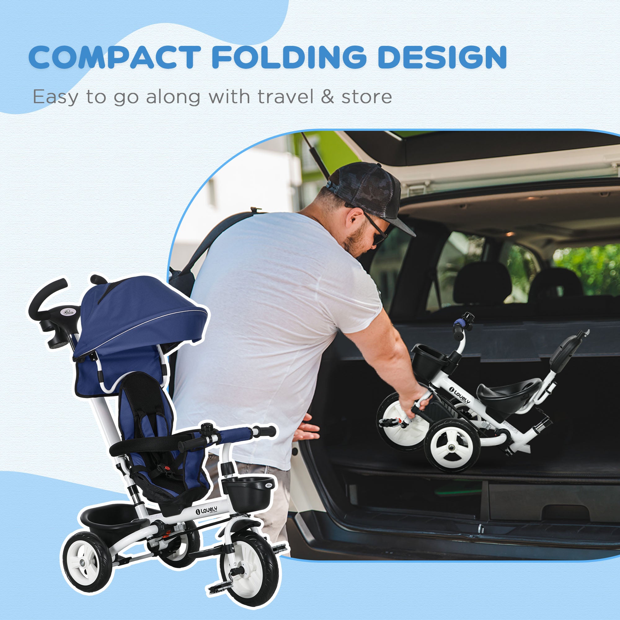 6 in 1 Toddler Tricycle with Parent Push Handle, Canopy, Storage Baskets, Cupholder, Dark Blue Tricycles for Kids at Gallery Canada