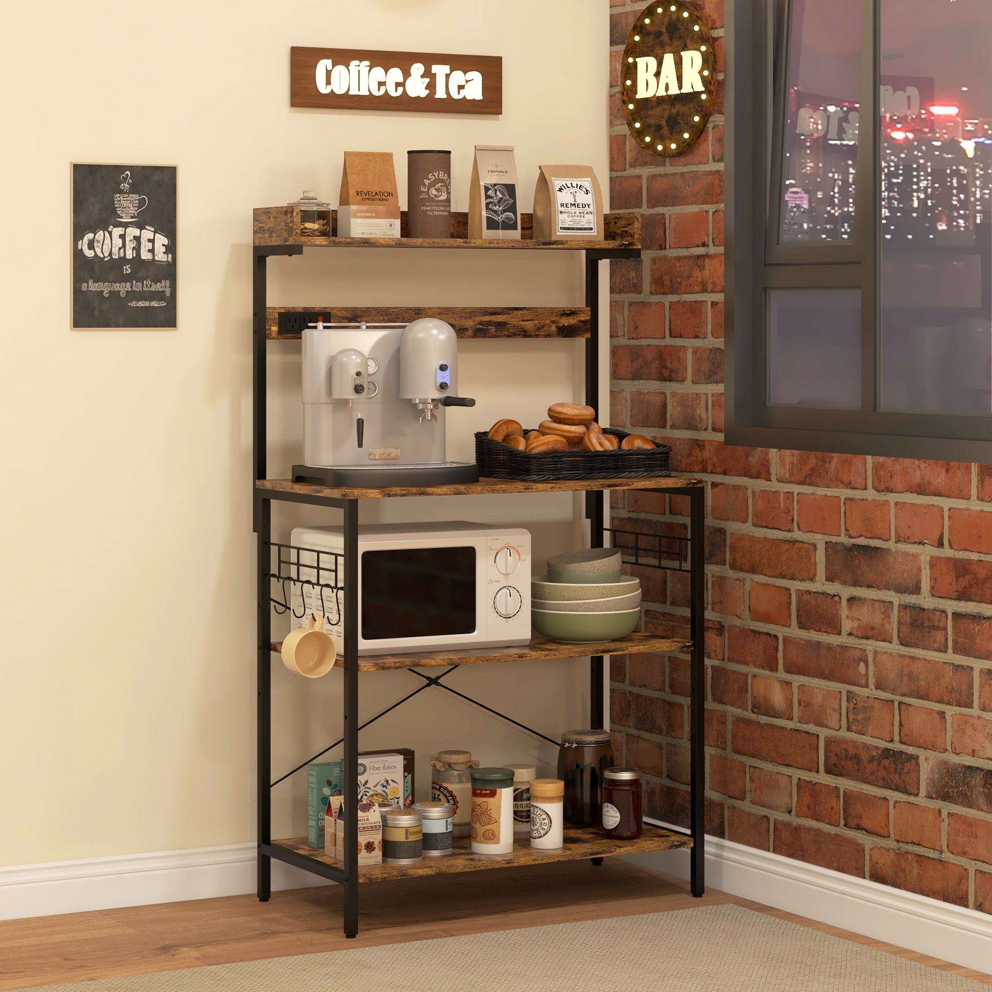 Kitchen Baker's Rack with Power Outlet, Coffee Bar Station with Adjustable Shelves and Hooks, Rustic Brown Bar Cabinets   at Gallery Canada