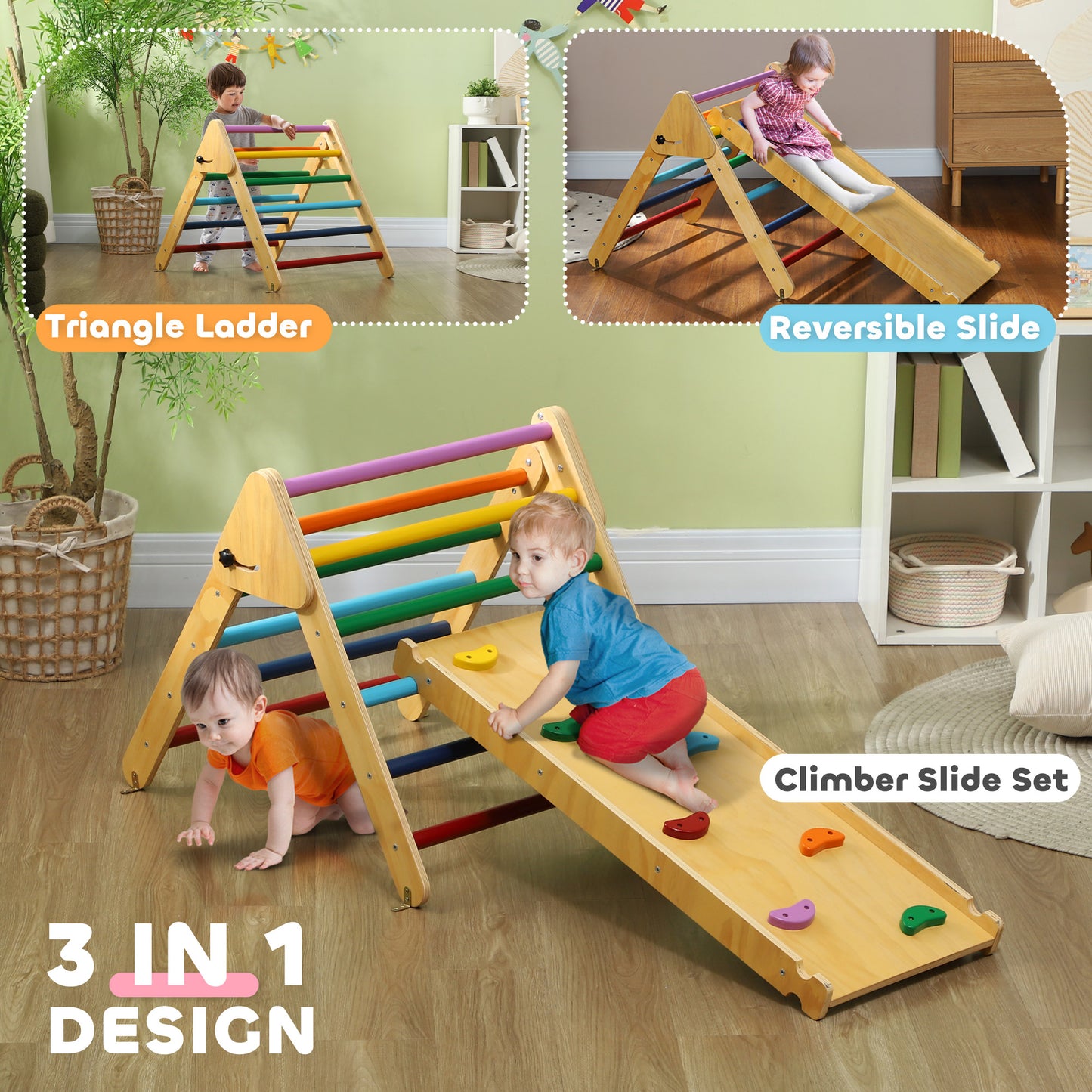 Pikler Triangle Set, 2 in 1 Climbing Toys with Ramp for Toddlers, Nature Wood Baby Gym & Playmats   at Gallery Canada