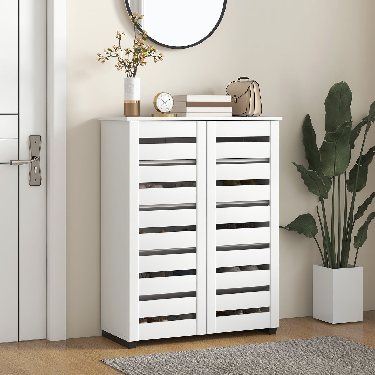 Shoe Storage Cabinet, Shoe Cabinet with 2 Slatted Doors for 15 Pairs of Shoes, White Shoe Storage Cabinets & Racks White  at Gallery Canada