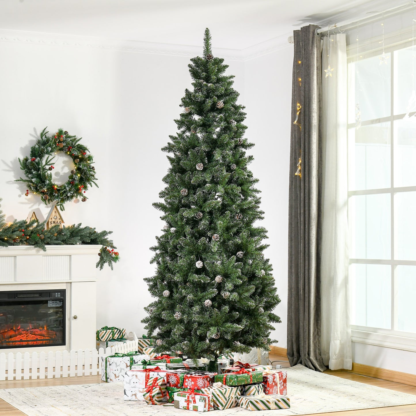 7.5ft Artificial Christmas Tree, Flocked Christmas Tree with Pine Cones, 1119 Branch Tips and Metal Base, Green Flocked Christmas Trees   at Gallery Canada