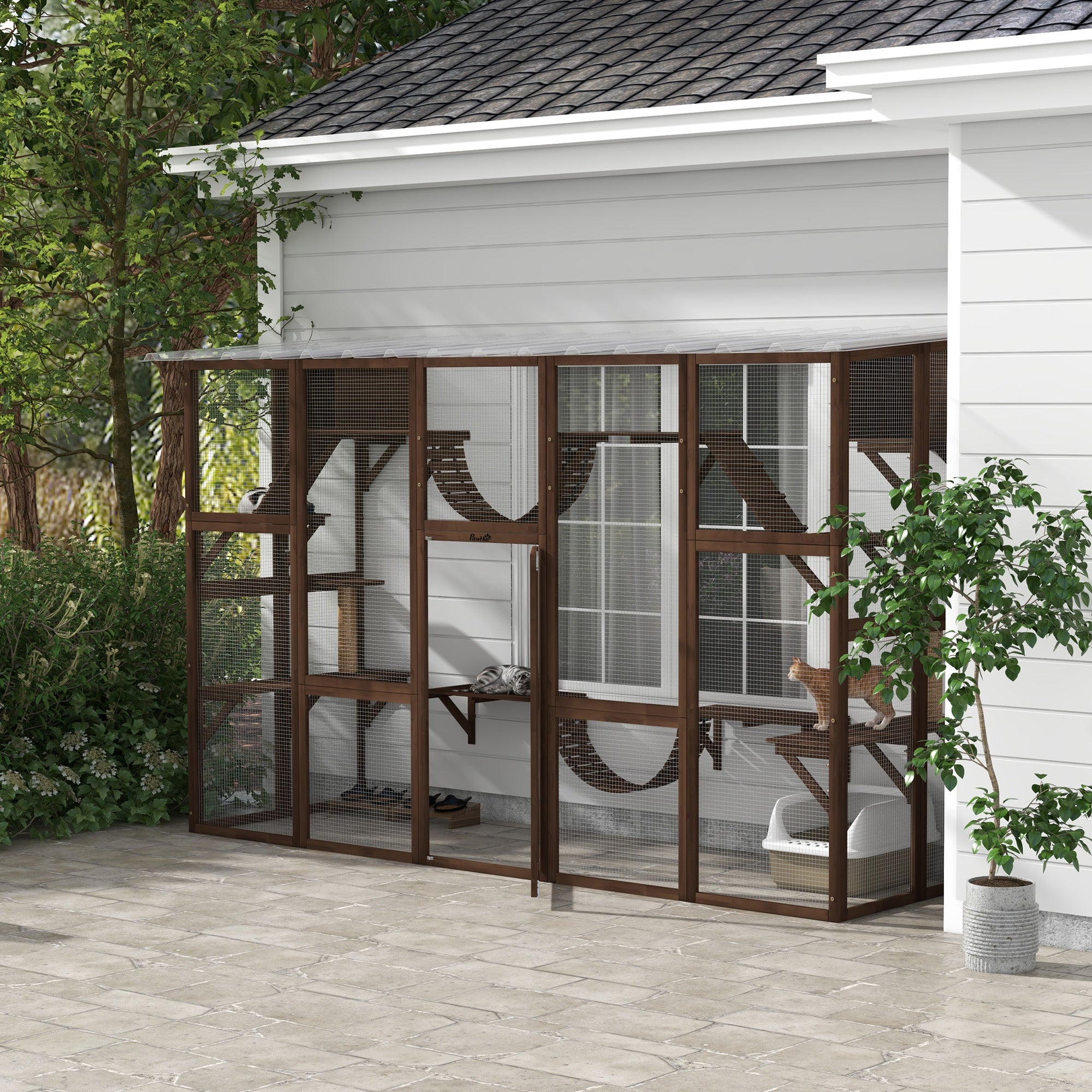 Large Outdoor Catio with Condos, Platforms, Doors, Ladders, Weather-Resistant Roof, Espresso Outdoor Cat Enclosures at Gallery Canada