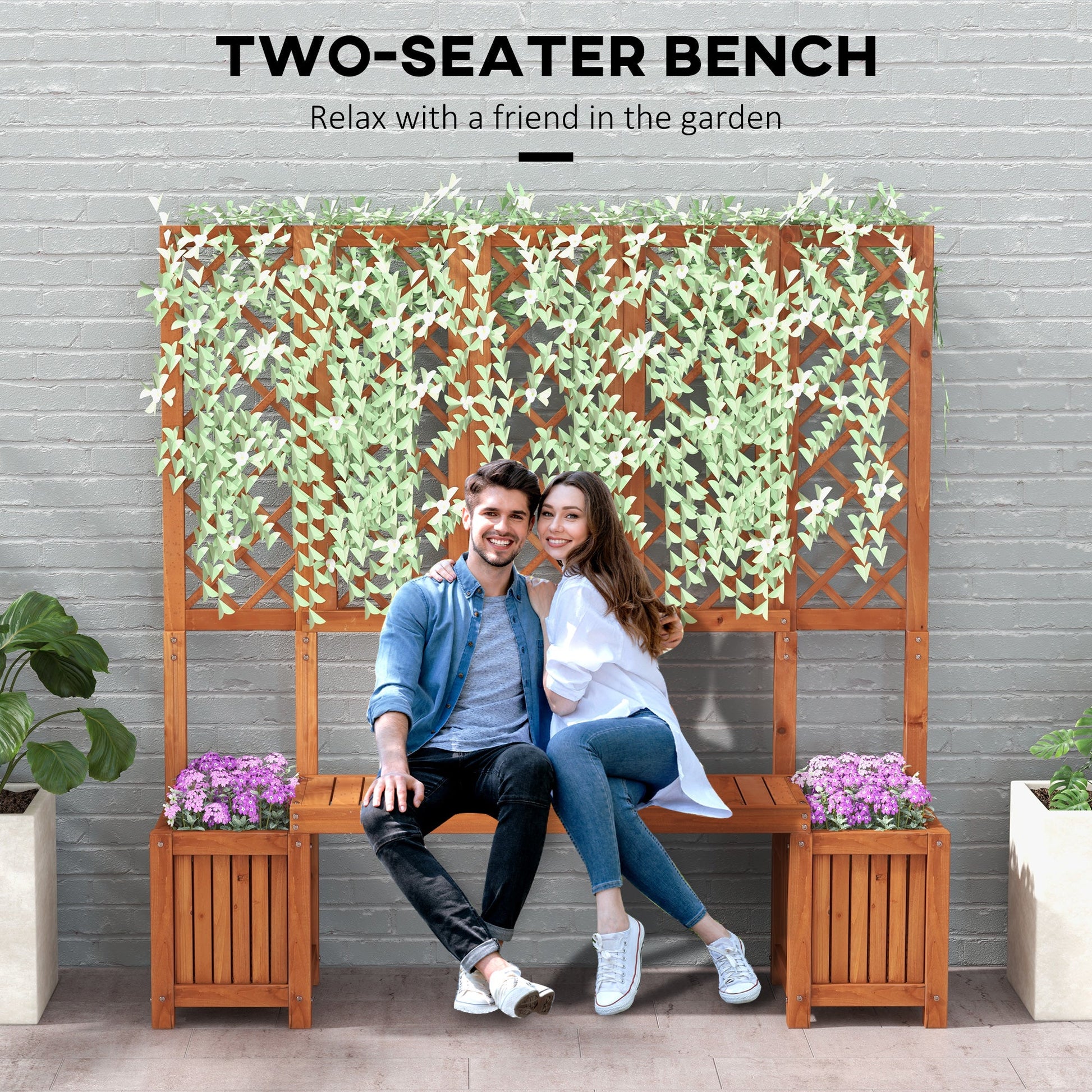 Wood Outdoor Bench with Trellis for Climbing Plants and 2 Planter Boxes Garden Planter with Bench Privacy Panel Brown Patio Chairs   at Gallery Canada