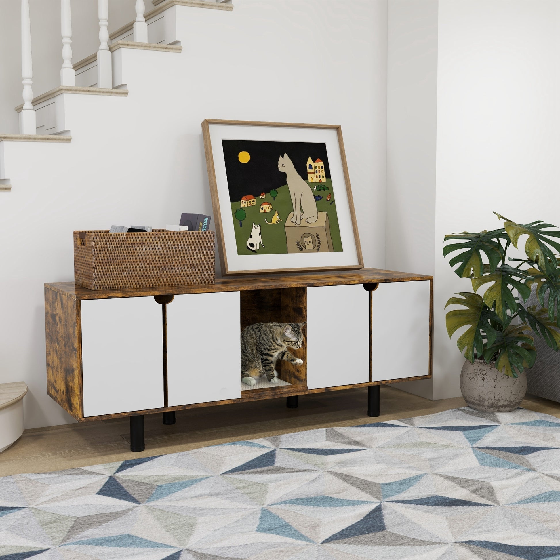 Hidden Cat Litter Box Enclosure with 2 Cabinets, Double Doors and Sand Drain Pad, Rustic Brown Cat Litter Box Enclosures   at Gallery Canada