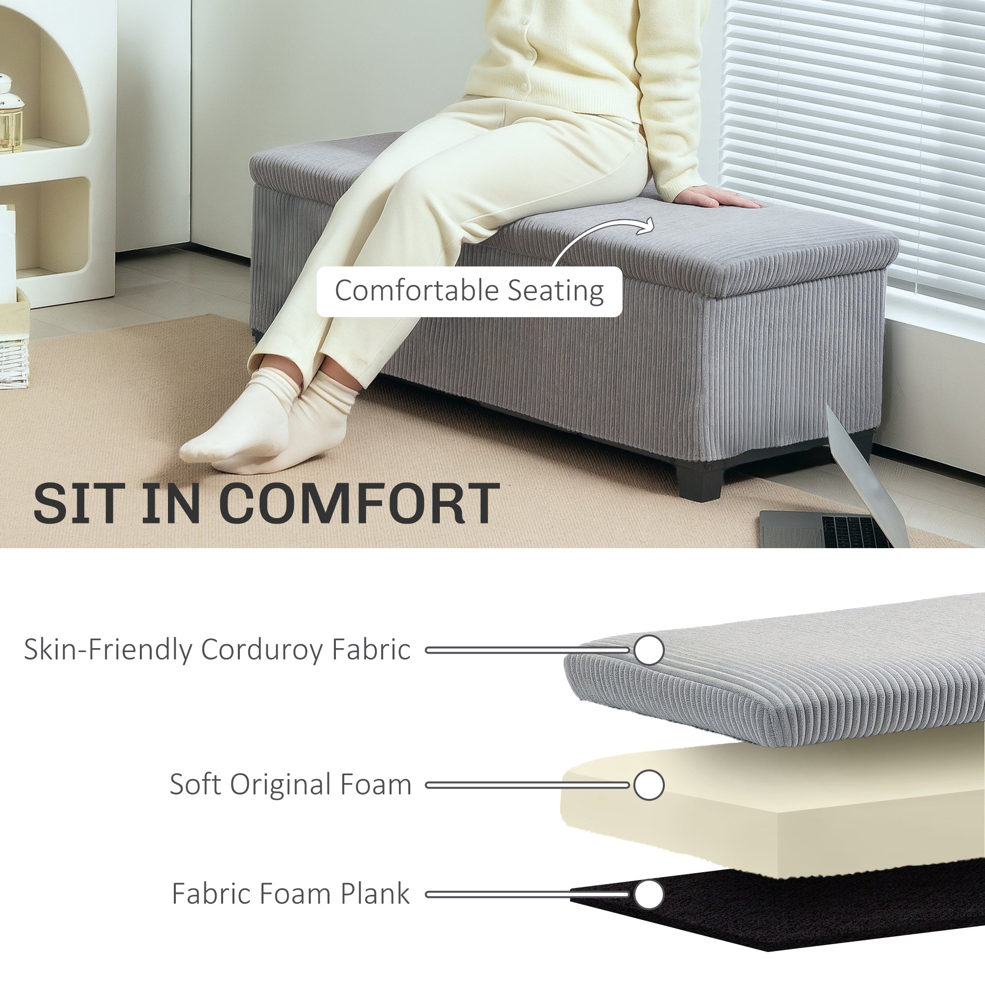 44 Inches Ottoman with Storage, Lid, Legs, Corduroy End of Bed Bench for Living Room, Bedroom, Entryway, Light Grey Storage Ottomans & Benches at Gallery Canada