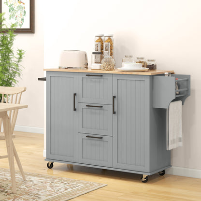 Rolling Kitchen Cart on Wheels with Drop Leaf, Kitchen Island with 3 Drawers, Solid Wood Top and Towel Rack, Grey Kitchen Islands & Kitchen Carts   at Gallery Canada