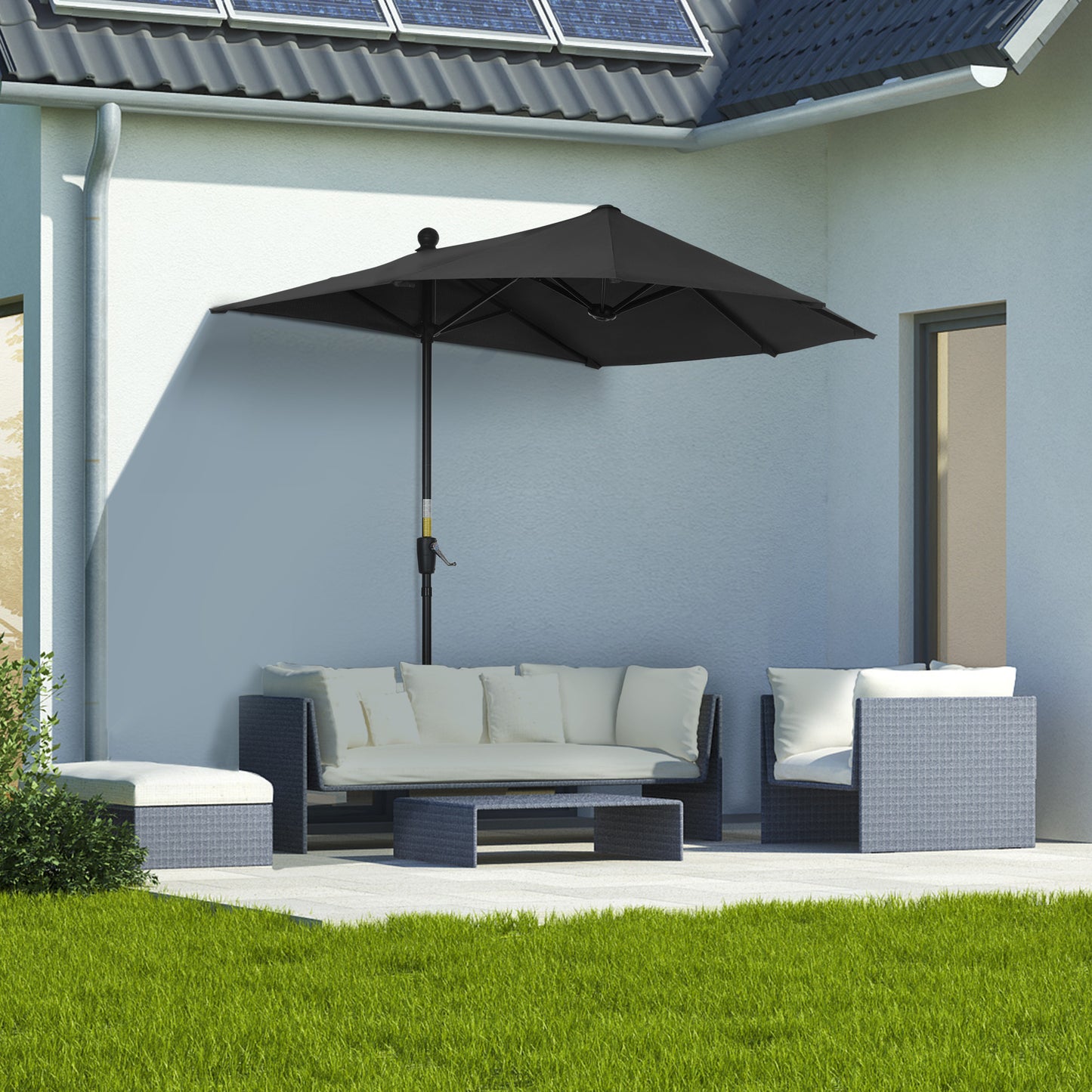 6.6 x 6ft Half Patio Umbrella Outdoor Parasol with Double-Sided Canopy, Crank Handle, Base for Garden, Balcony, Black Patio Umbrellas   at Gallery Canada