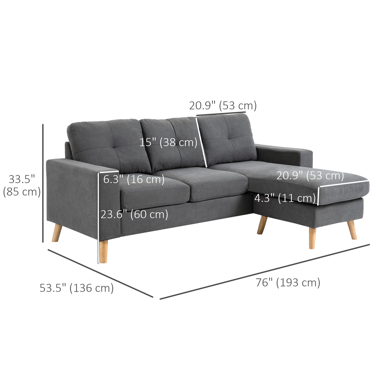 Sectional Sofa Couch, L Shaped Couch with Reversible Chaise, Wooden Legs for Living Room, Bedroom, Dark Grey 3-Seater Sofas   at Gallery Canada