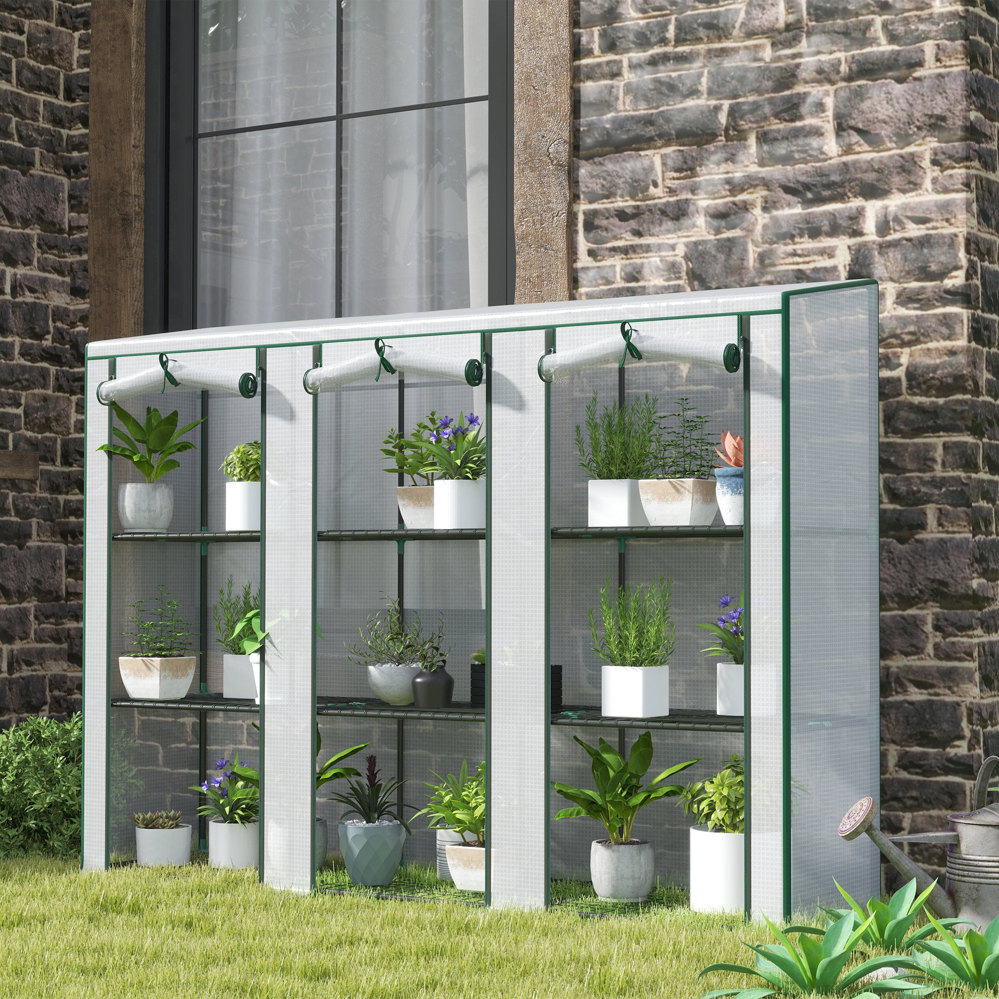 Lean-to Greenhouse with 3 Tier Shelves, Mini Greenhouse with 3 Roll-Up Doors for Indoor Outdoor, White Greenhouses at Gallery Canada
