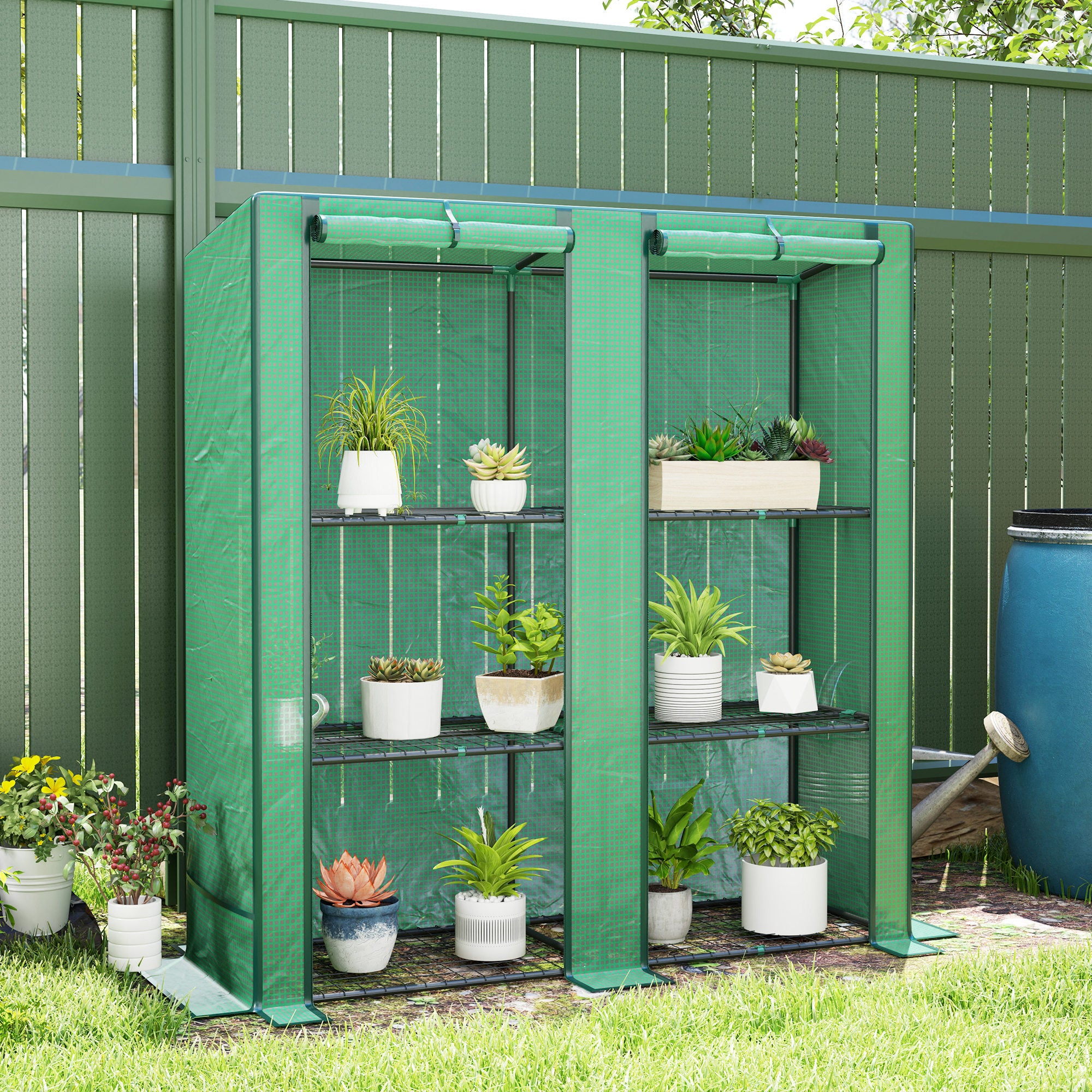Lean-to Greenhouse with 3 Tier Shelves, Mini Greenhouse with 2 Roll-Up Doors for Indoor Outdoor, Green Greenhouses at Gallery Canada