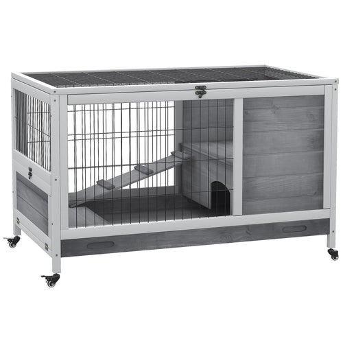 Wooden Indoor Rabbit Hutch Elevated Bunny Cage Habitat with Enclosed Run with Wheels, Ideal for Rabbits and Guinea Pigs, Grey