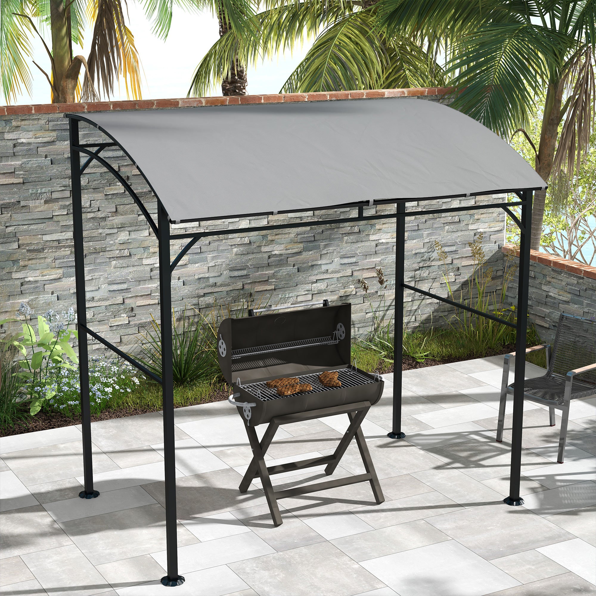 7' x 5' Garden Grill Canopy, BBQ Grill Gazebo Tent with Steel Frame and Hooks, Outdoor Sun Shade, Grey Gazebos at Gallery Canada
