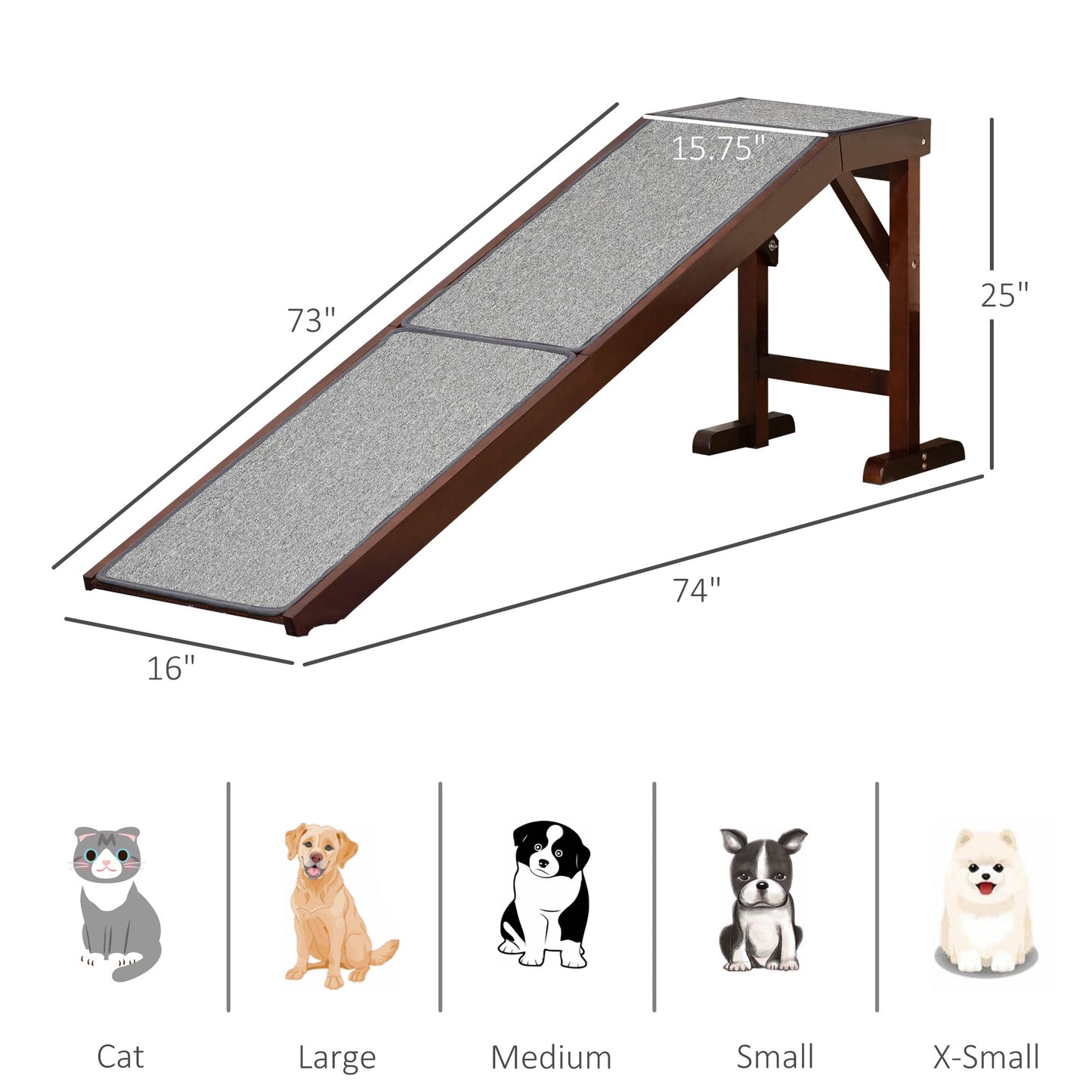 Pet Ramp Bed Steps for Dogs Cats Non-slip Carpet Top Platform Pine Wood 74"L x 16"W x 25"H Brown Grey Dog Stairs   at Gallery Canada