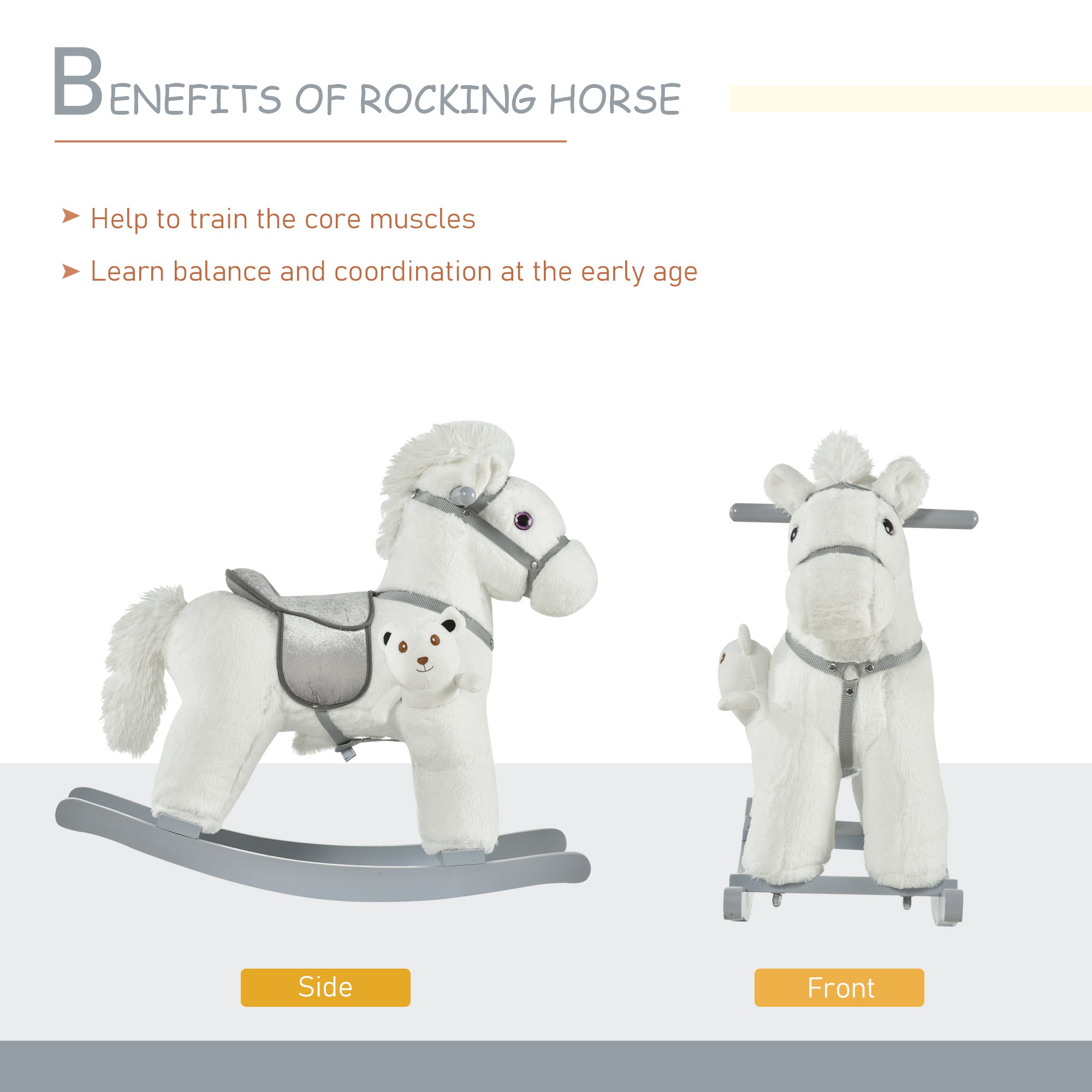 Kids Plush Ride-On Rocking Horse with Bear Toy, Children Chair with Soft Plush Toy &; Fun Realistic Sounds, White Rocking Horses at Gallery Canada