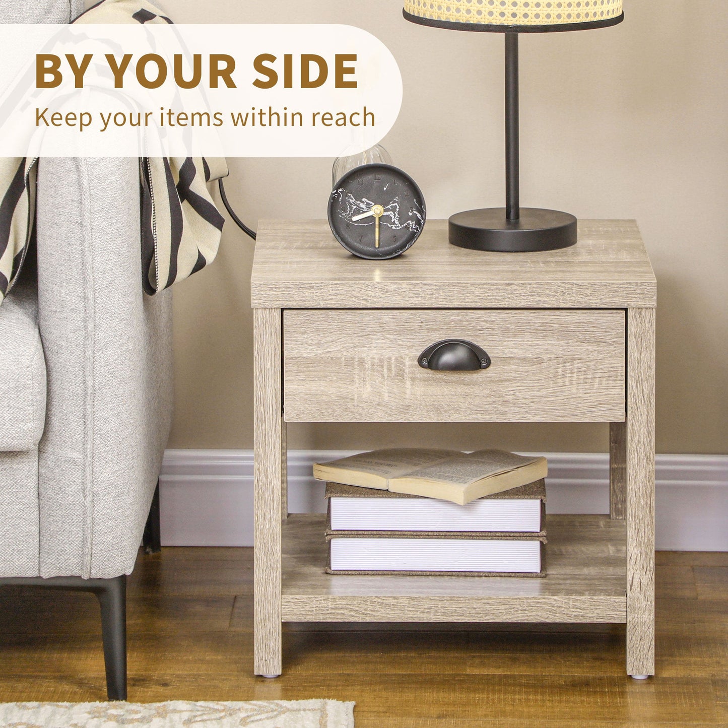 Bedside Table, Side End Table with Charging Station, Drawer and Shelf for Bedroom, 17.7" x 15.7" x 18.1", Oak Tone Bedside Tables   at Gallery Canada