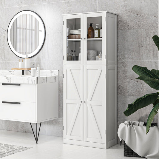 Tall Bathroom Storage Cabinet, Modern Bathroom Cabinet with Glass and Barn Doors, 5-Tier Floor Cabinet, White Bathroom Cabinets   at Gallery Canada