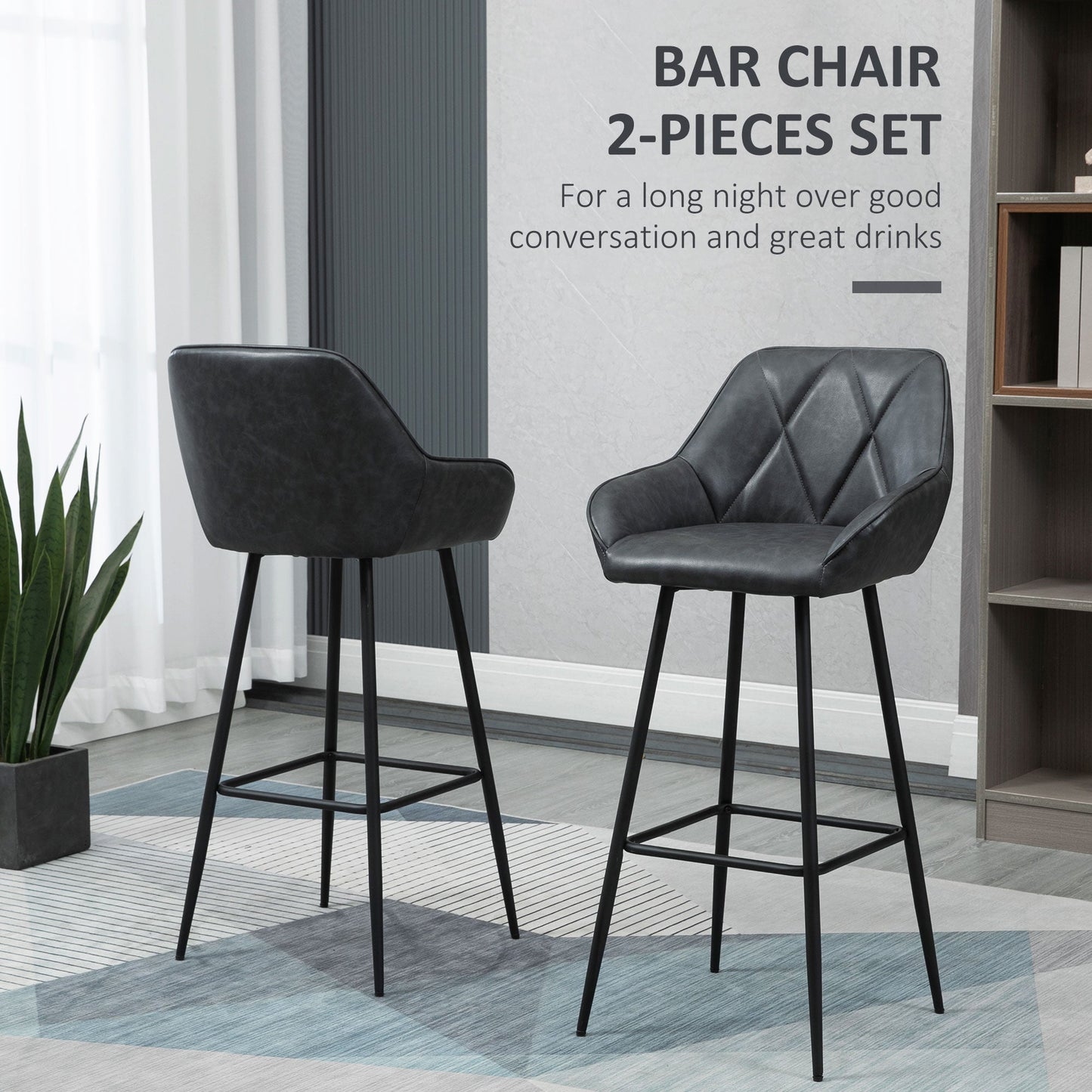 Retro Bar Stools Set of 2, Bar Chairs with Footrest, 30" (76 cm.) Counter Stools with Backs and Steel Legs, for Kitchen Island and Home Bar, Black Bar Stools   at Gallery Canada