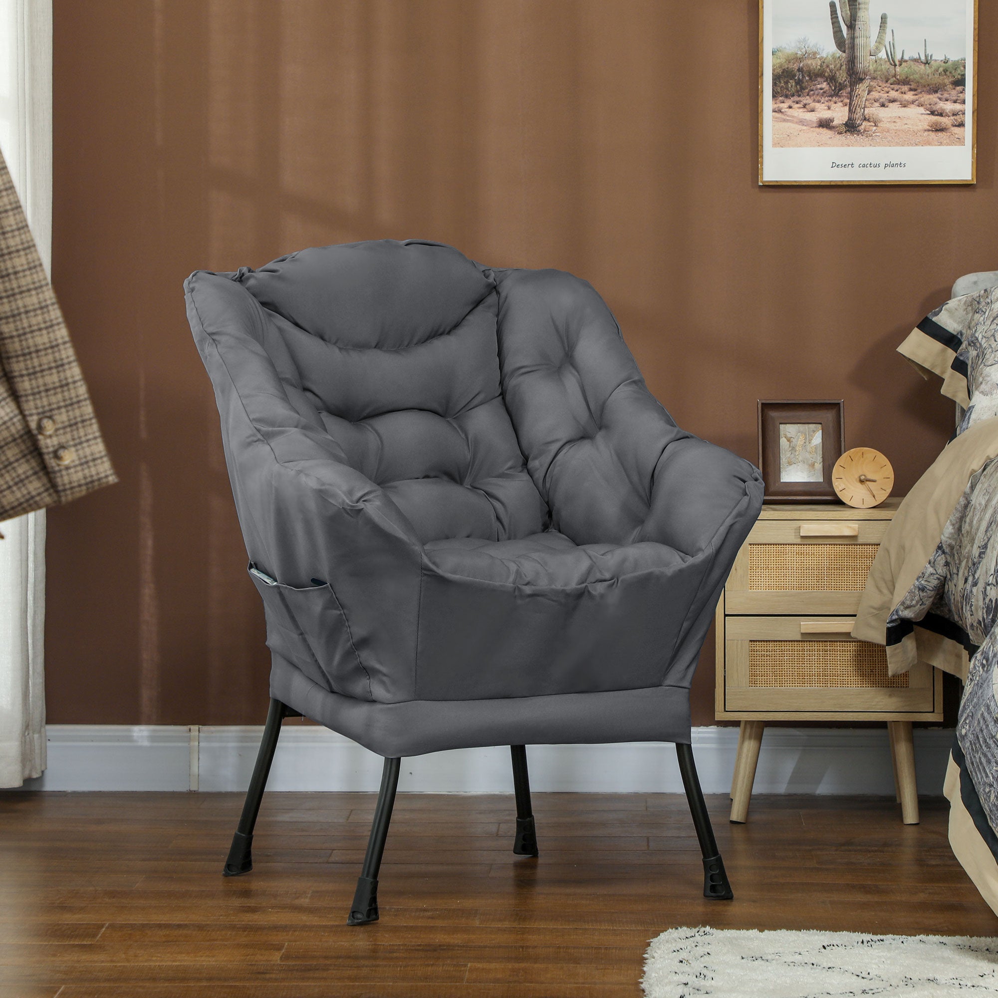 Modern Accent Chair, Armchair with Side Pockets and Solid Steel Legs, Comfy Reading Chair for Living Room, Bedroom, Grey Accent Chairs at Gallery Canada