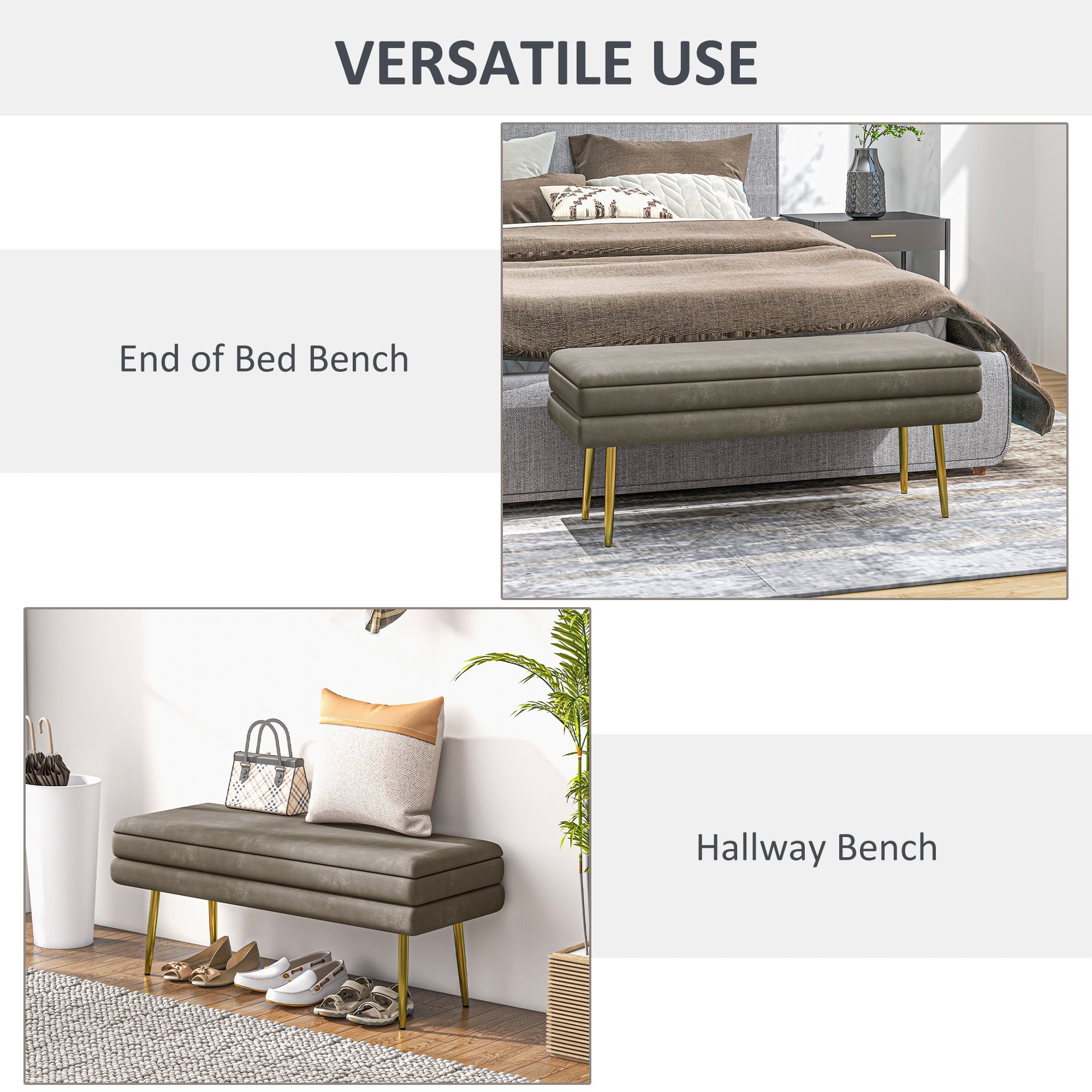 End of Bed Bench, Velvet-feel Upholstered Bench with Thick Padded Seat and Steel Legs, Modern Bedroom Bench, Beige Storage Ottomans & Benches at Gallery Canada