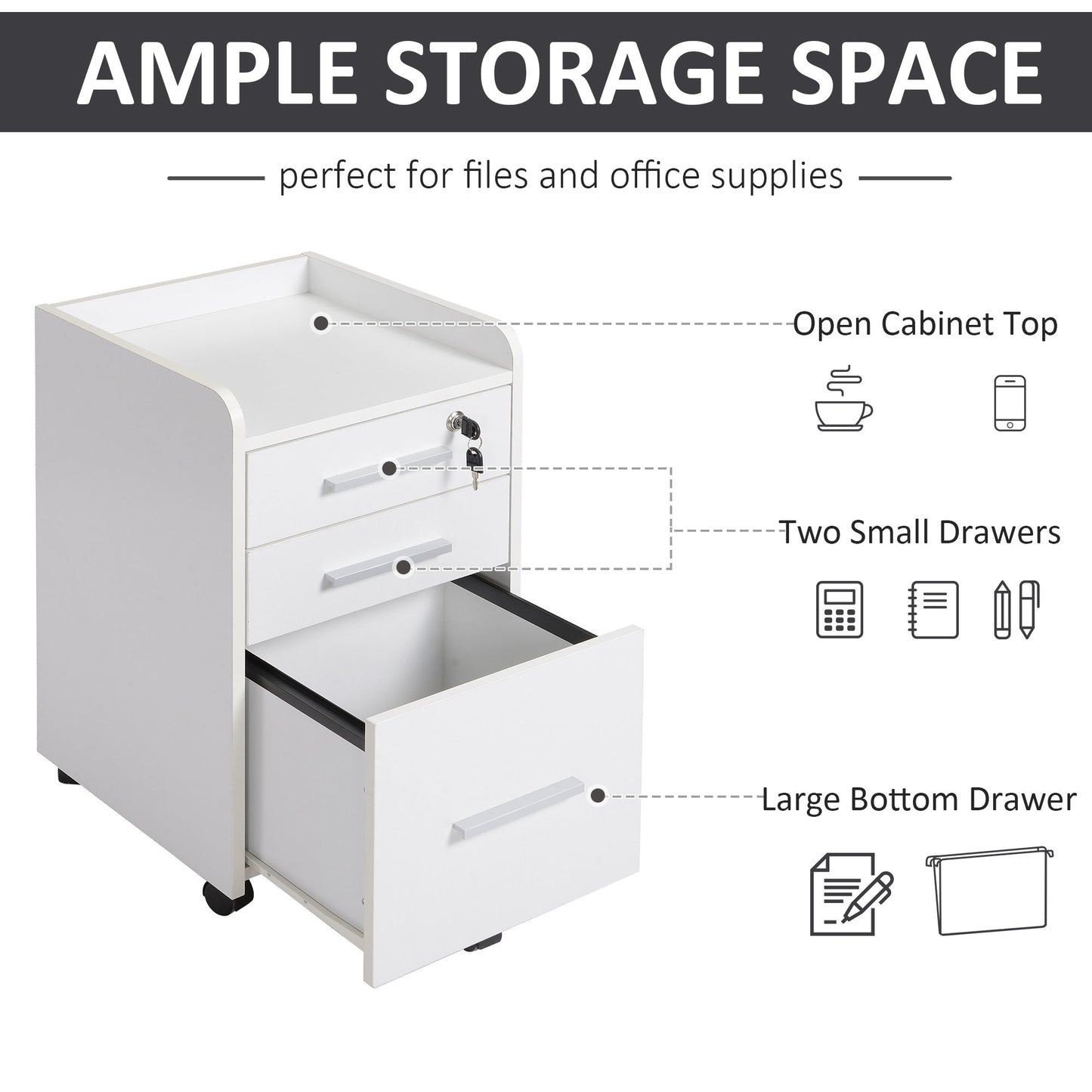 Vertical Filing Cabinet 3-Drawer, Mobile File Cabinet with Lock and Wheels for A4 Letter Size, White Office Cabinets & Cupboards   at Gallery Canada