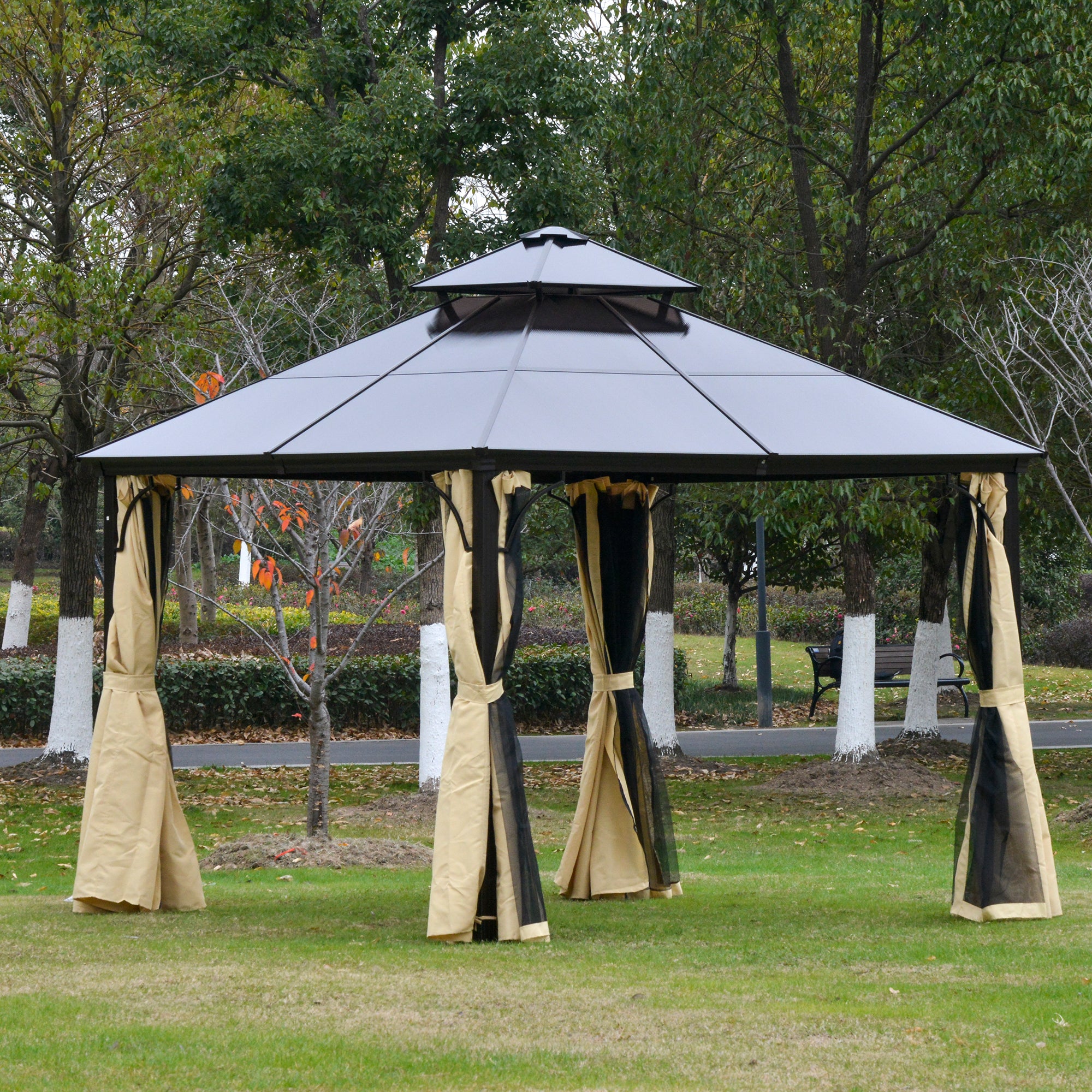 10' x 10' 2-Tier Outdoor Gazebo Canopy with Polycarbonate Roof, Curtains and Netting, for Garden, Deck, Beige Gazebos at Gallery Canada