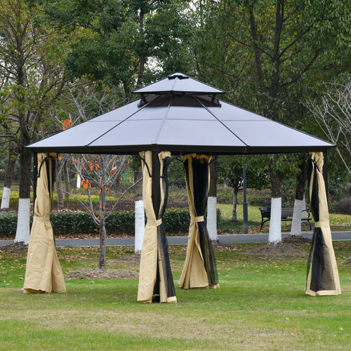 10' x 10' 2-Tier Outdoor Gazebo Canopy with Polycarbonate Roof, Curtains and Netting, for Garden, Deck, Beige