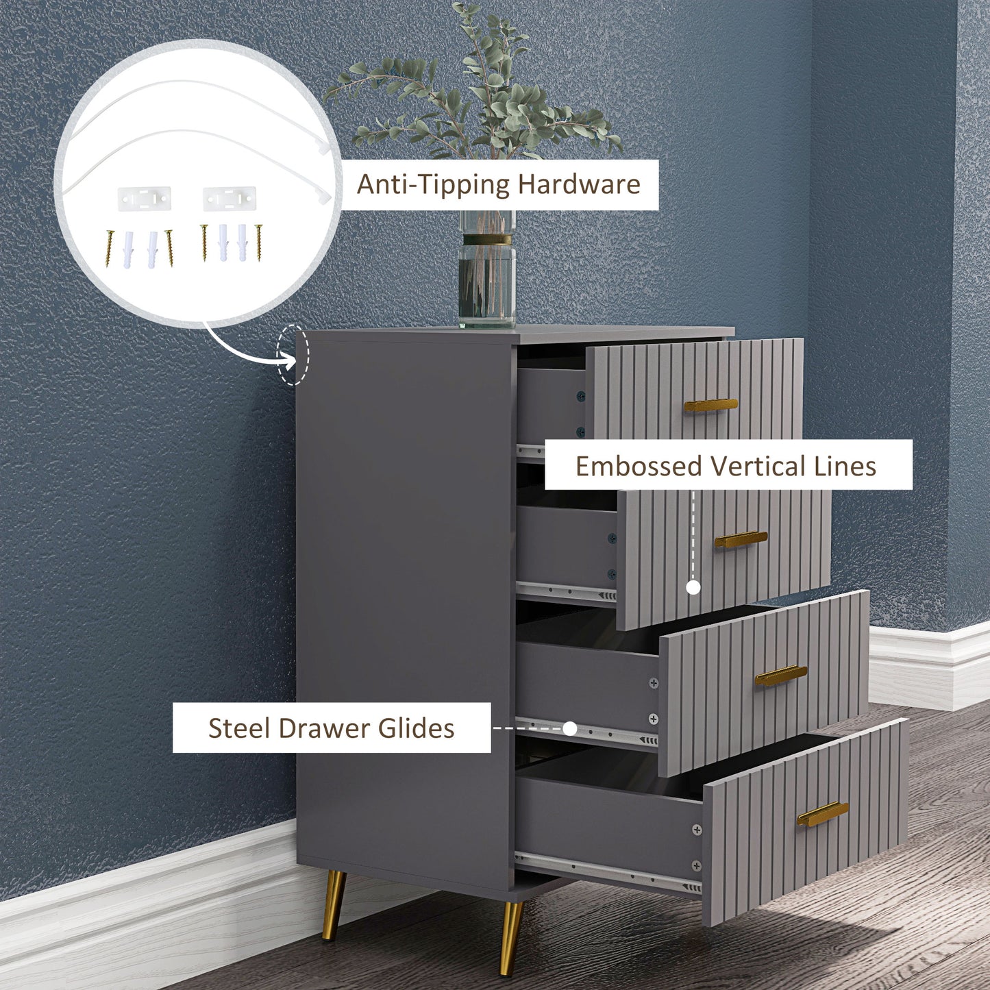 4 Drawer Cabinet, Drawer Chest for Bedroom, Chest of Drawers with Aluminium Legs and Gold Handles, Dark Grey Storage Cabinets   at Gallery Canada