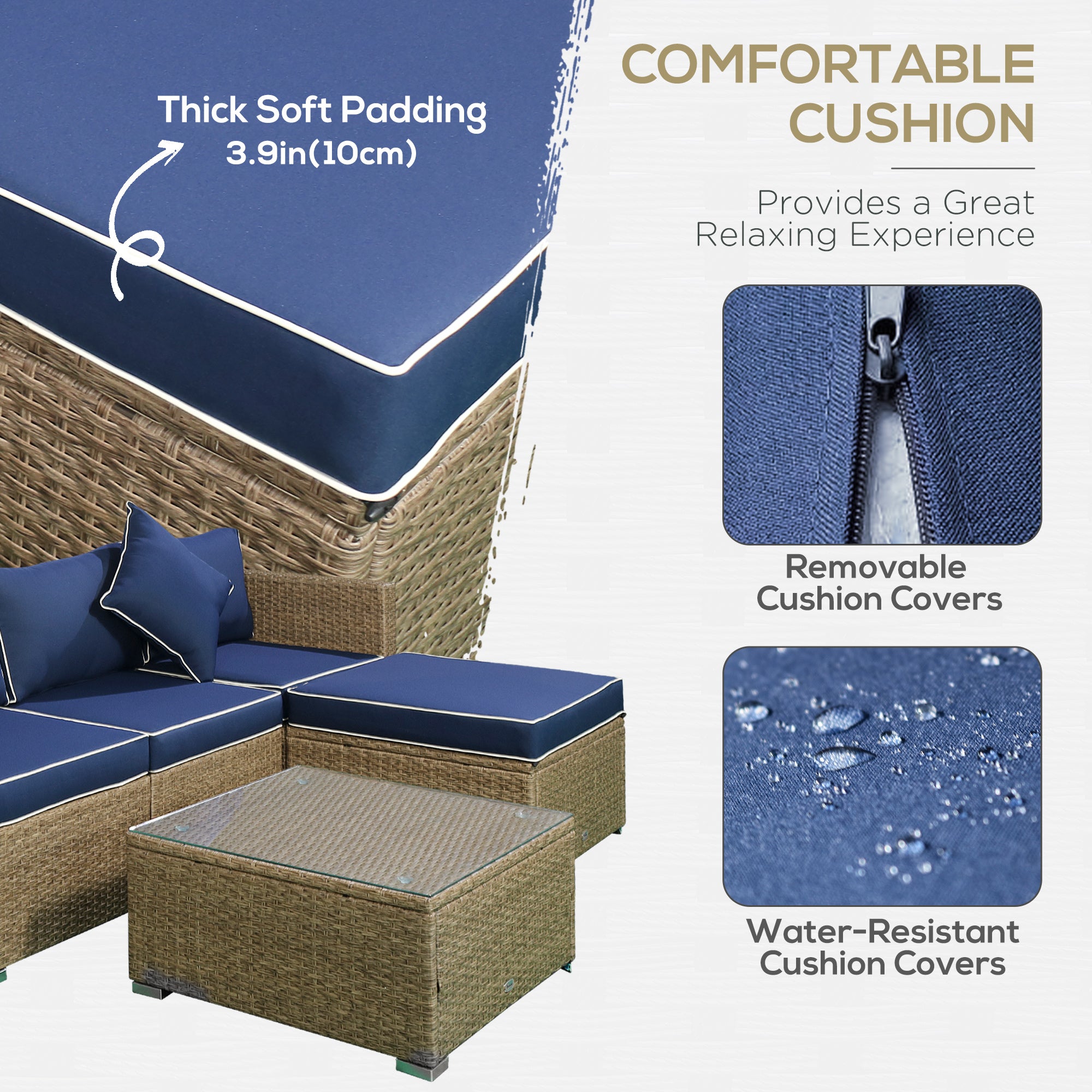 6 Pieces Outdoor PE Rattan Wicker Patio Furniture Sofa Set with Thick Cushions, Deluxe Garden Sectional Couch with Glass Top Table, Yellow and Navy Blue Patio Furniture Sets at Gallery Canada